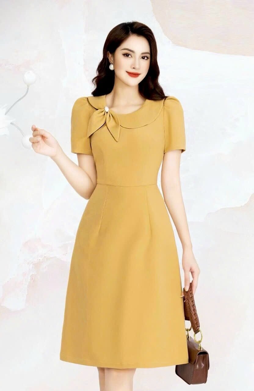 Đầm cổ sen lệch kết nơ đủ size nhiều màu