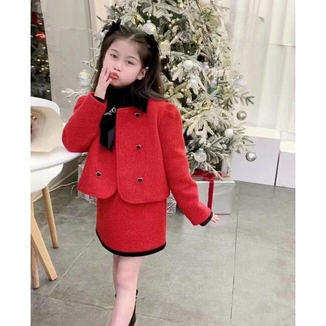 Sét váy dạ đỏ tag nơ chữ cho bé gái 10-28kg