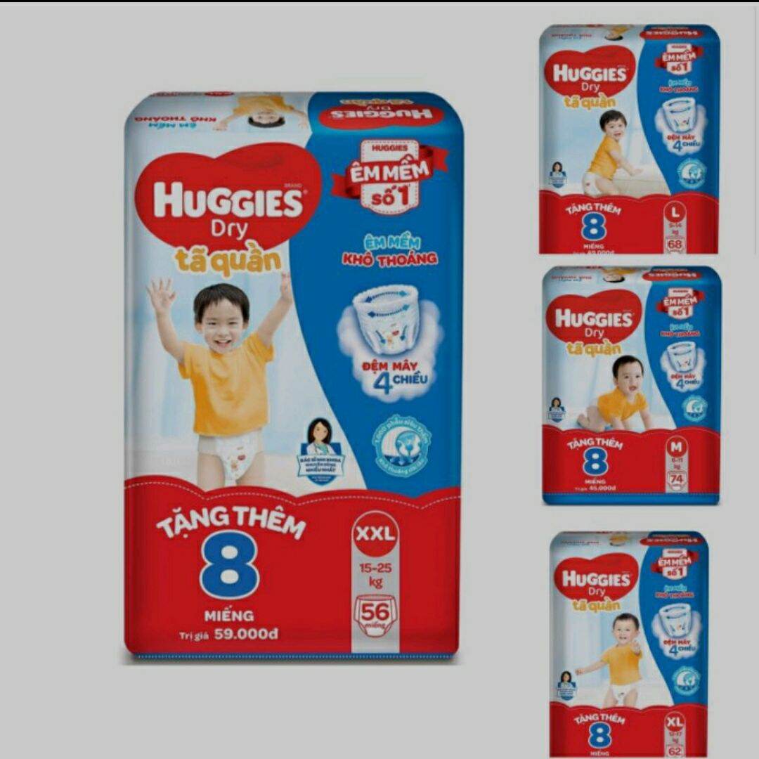 Tã quần huggies đệm mây co giãn 4 chiều. size l68, xl62, xxl56.