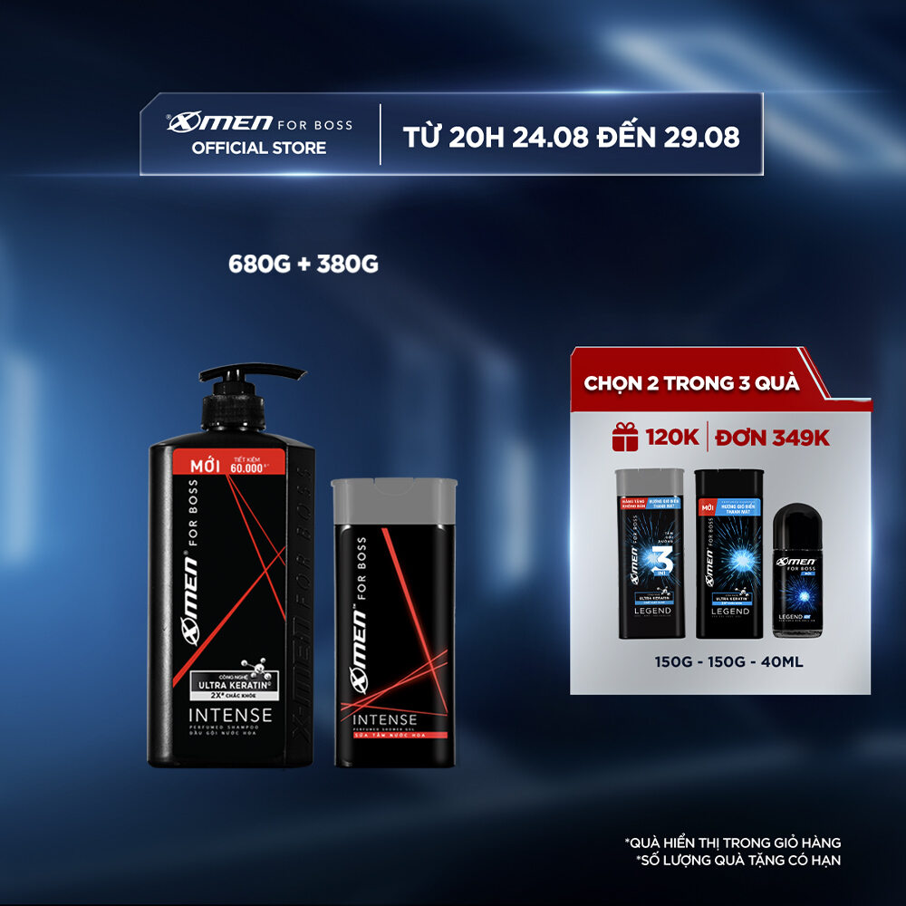 Combo Dầu gội X-Men for Boss hương trầm đầy nội lực Intense với Ultra Keratin© mới 650g + Sữa tắm Intense 380g