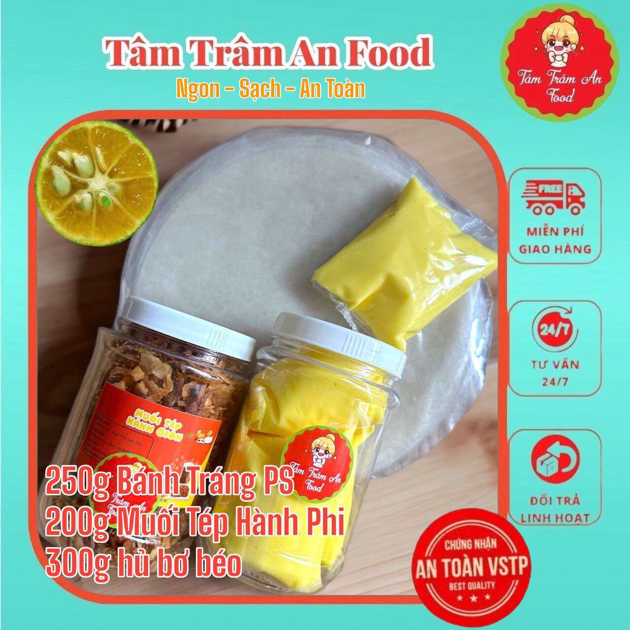 Bánh tráng phơi sương 250g + 200g muối tôm tép hành giòn + 190g bơ Trắng/Vàng