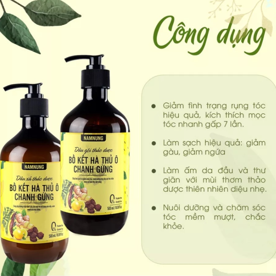 Cặp dầu gội xả bồ kết thảo dược chanh gừng namnung 500ml x2