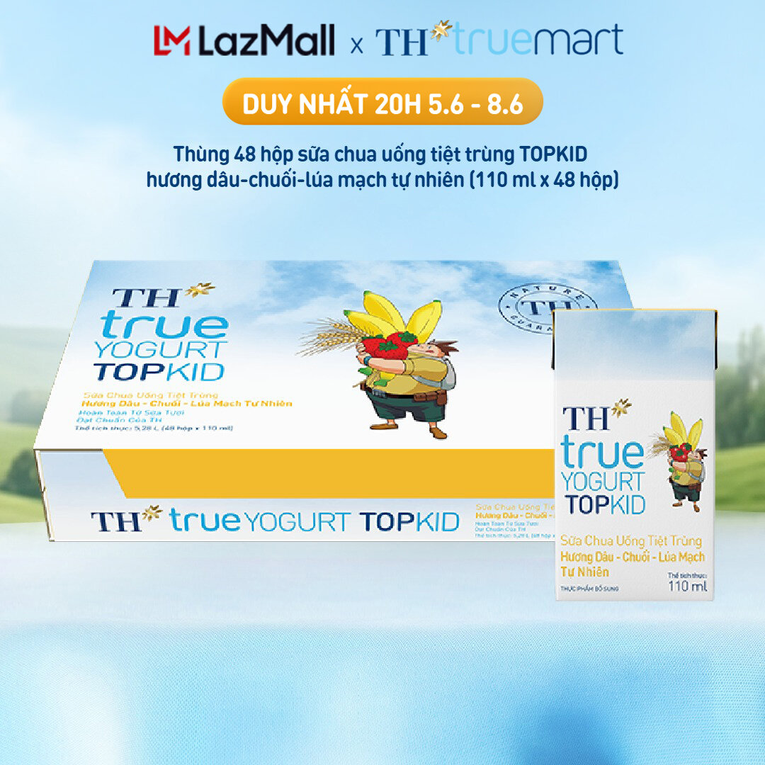 Thùng sữa chua uống tiệt trùng TH TOPKID hương dâu-chuối-lúa mạch tự nhiên 110ml x 48 hộp