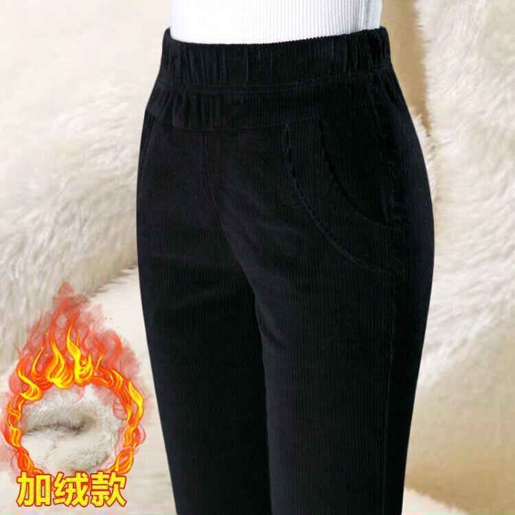 Quần Nhung Kẻ Mẫu Mới Phong Cách Hàn Quốc Thu Đông Nhung Tăm Lót Lông 2024ac Quần Nữ Cừu Nữ Dễ Phối Trung Niên Người Già Thường Ngày