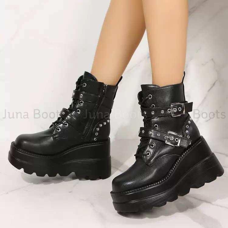 Giày bốt marrtin y2k đế bánh mì cá tính đính đá - Boots bánh mì đế 10cm