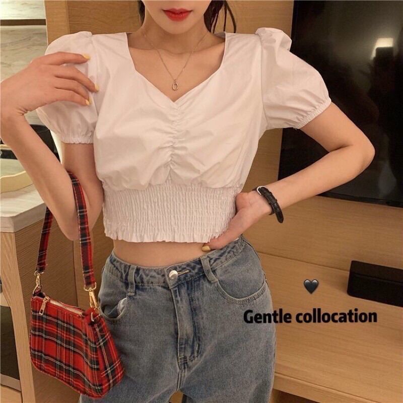 Áo croptop vai bồng chun eo nhún ngực