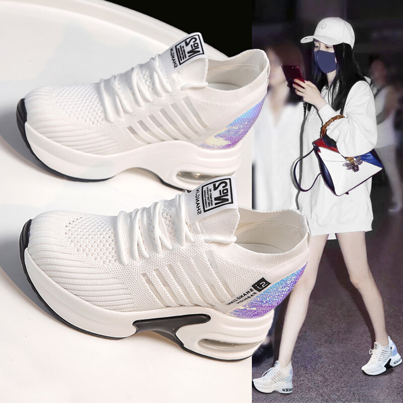 Giày Chunky Sneaker Giày Trắng Thể Thao Độn Cao Bên Trong Đế Dày Mặt Lưới Dễ Phối Thường Ngày Xuân Thu Mẫu Mới Năm 2023 Sành Điệu Instagram Cho Nữ