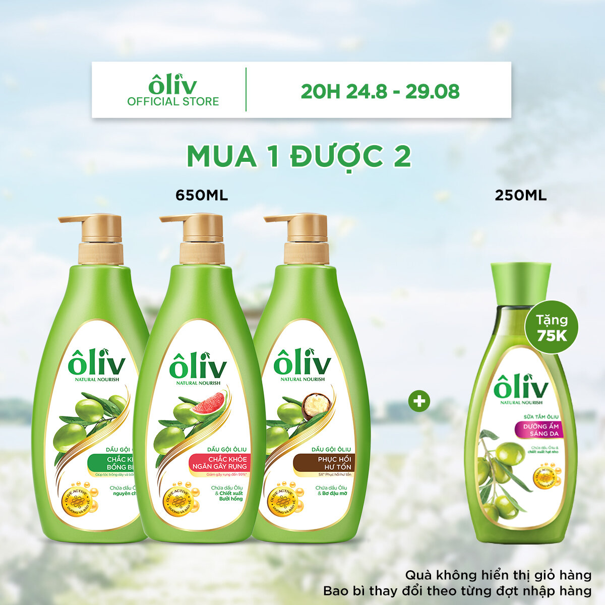 Combo dầu gội ôliv dưỡng tóc chắc khỏe/phục hồi 650ml + tặng sữa tắm oliv dưỡng ẩm sáng da 250ml