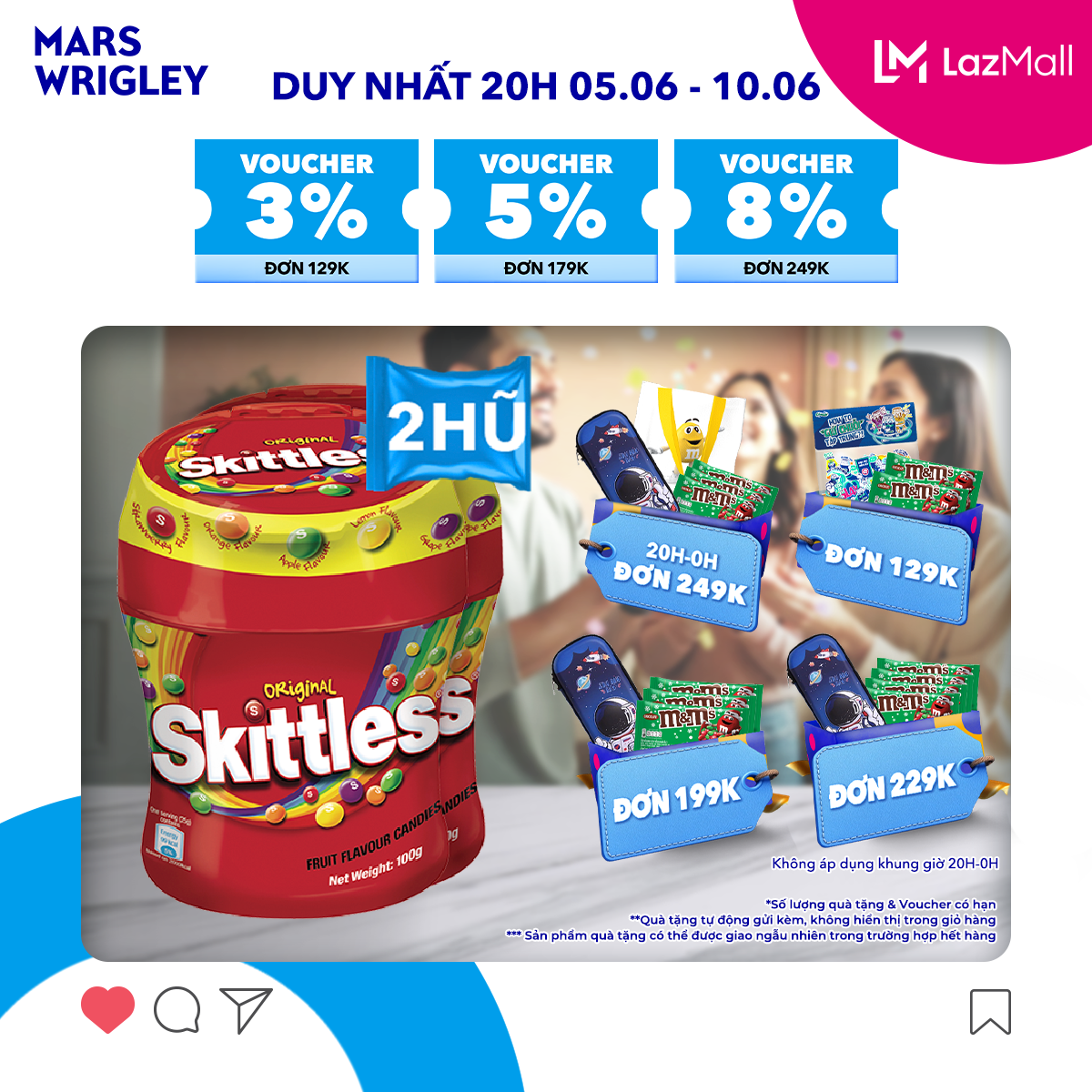 Combo 2 hũ Kẹo Skittles Hương Trái Cây hũ 100g