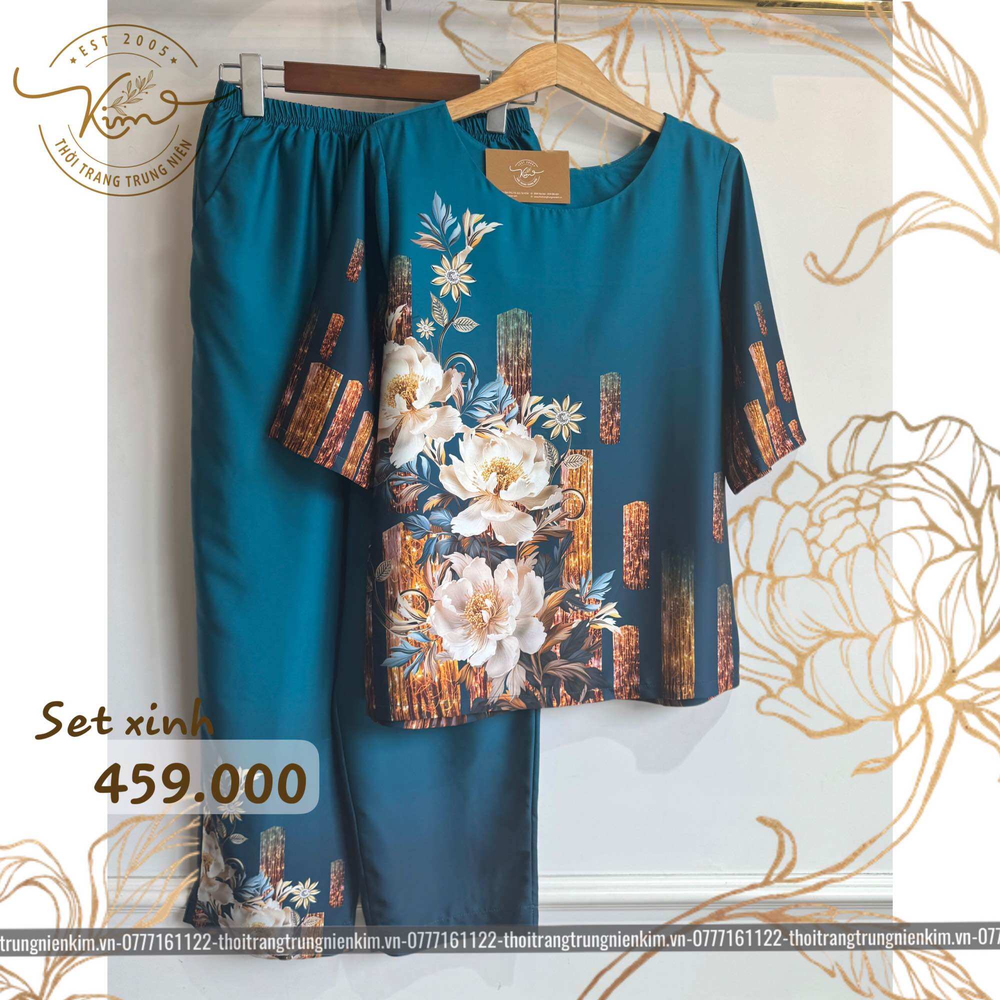 Sét bộ lụa trung niên cao cấp hoa văn hoạ tiết sang trọng Bigsize quần dài 90cm