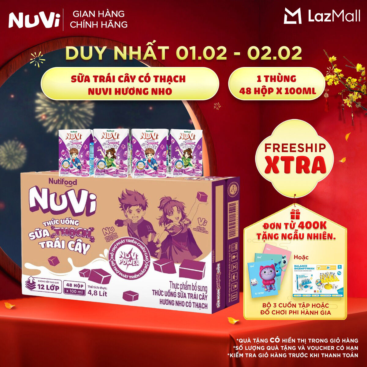 Thùng 48 Hộp Thức Uống Sữa Trái Cây Có Thạch NuVi Hương Nho 100ml