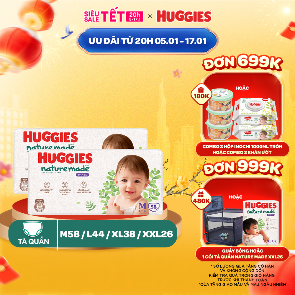 Combo 2 Tã/Bỉm quần Huggies Platinum NatureMade M58/ L44/XL38/XXL26