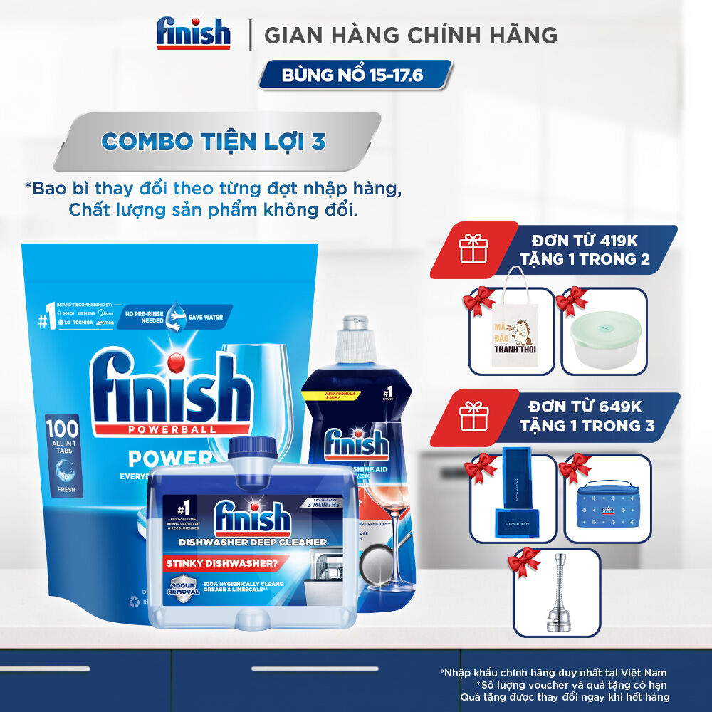 Combo Finish tiện lợi 3:Túi 100 Viên Rửa Bát Finish Everyday Clean  Shine + Nước Làm Bóng Finish 500ml+ Dung Dịch Vệ Sinh Máy Finish 250ml