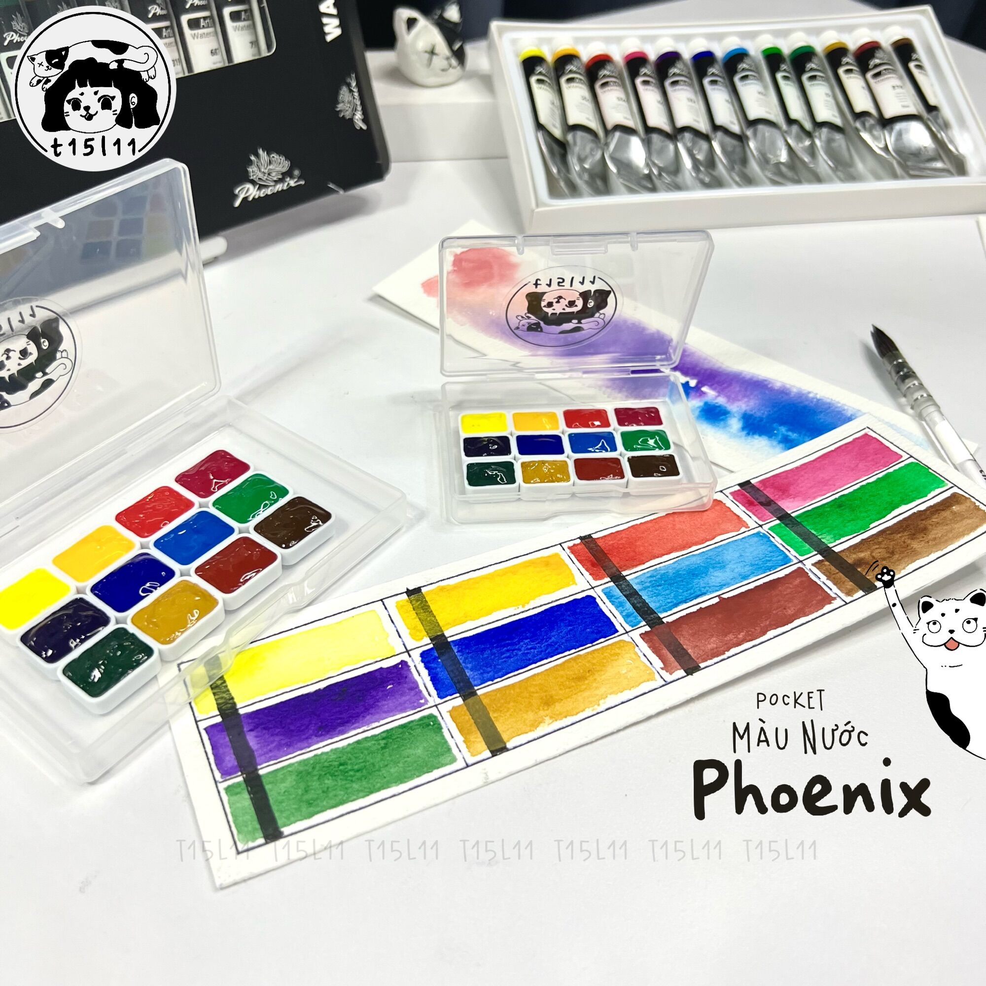 [t15l11] Pocket Màu nước Phoenix Hạng hoạ sĩ 12/24 màu
