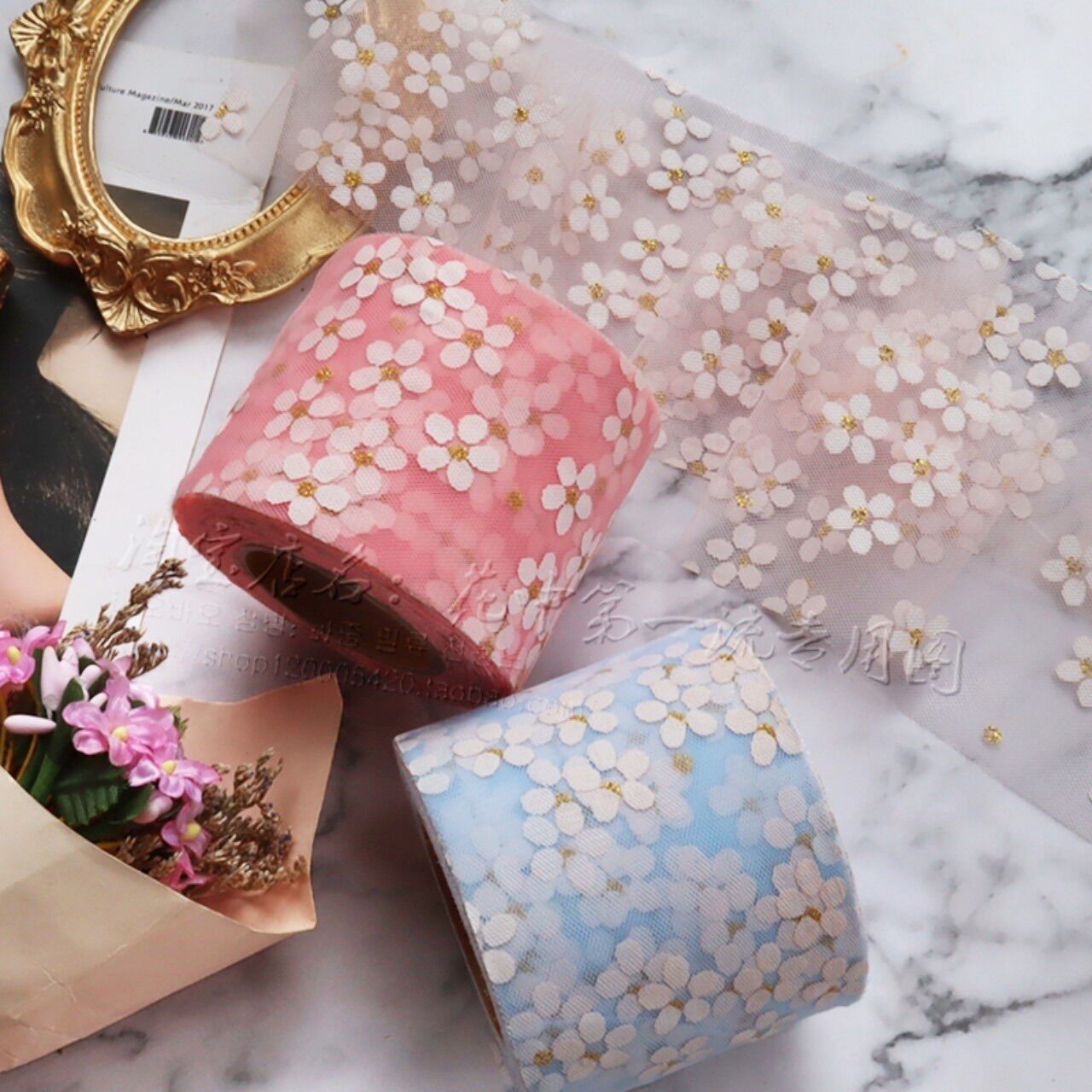 Cuộn 3m ruy băng voan lưới hoa đào