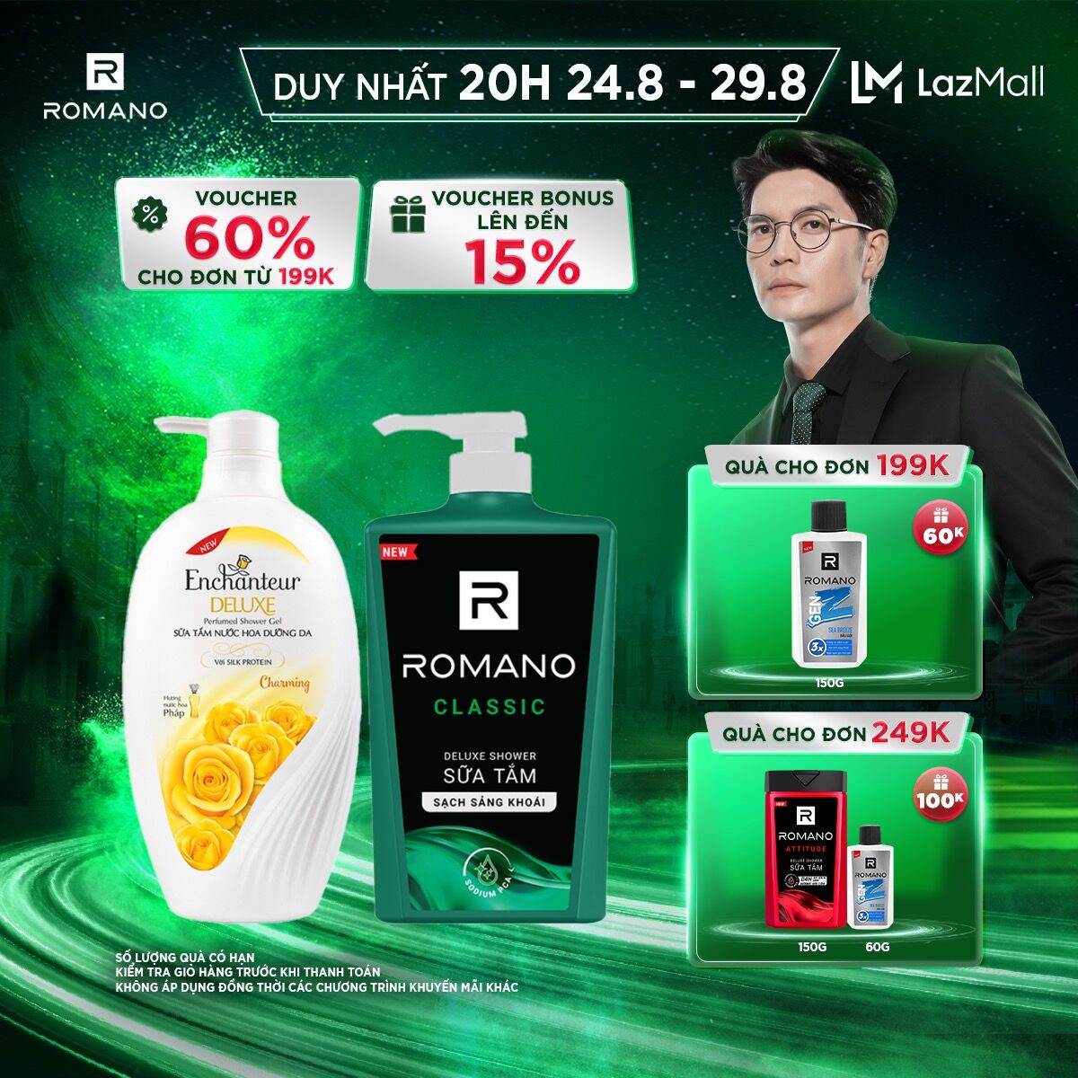 Combo sữa tắm hương nước hoa Romano Classic và Enchanteur Charming 650g