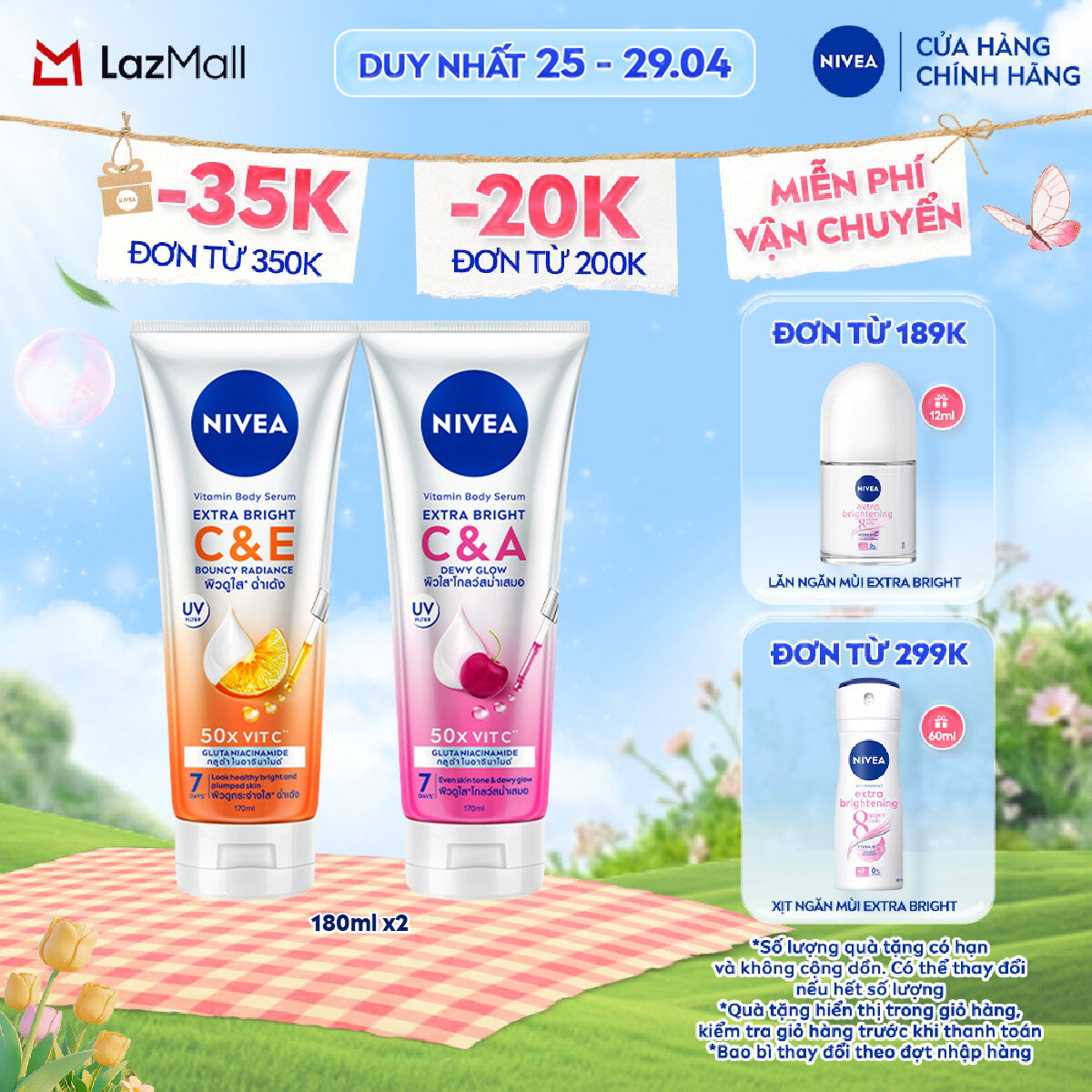 Bộ Đôi Sữa Dưỡng Thể NIVEA Extra Bright Vitamin CE CA Dưỡng Trắng Da Đều Màu Da Mịn Da (170 ml) - 99189+99191