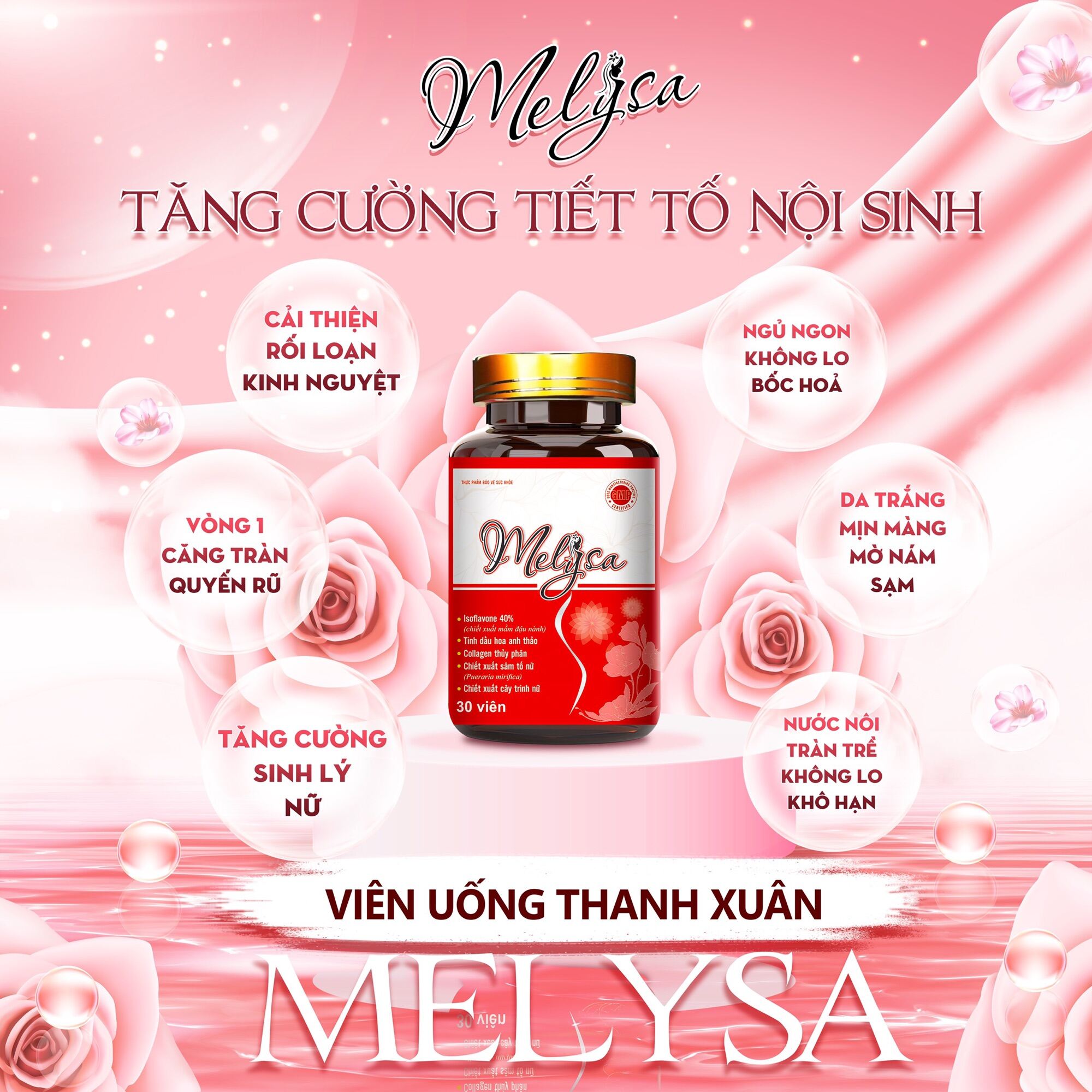 VIÊN UỐNG NỘI TIẾT TỐ NỮ MELYSA - 1 HỘP 30 Viên - TĂNG HAM MUỐN - TĂNG VÒNG 1, TẠM BIỆT KHÔ HẠN, TẠM BIỆT M DA - SẠM DA