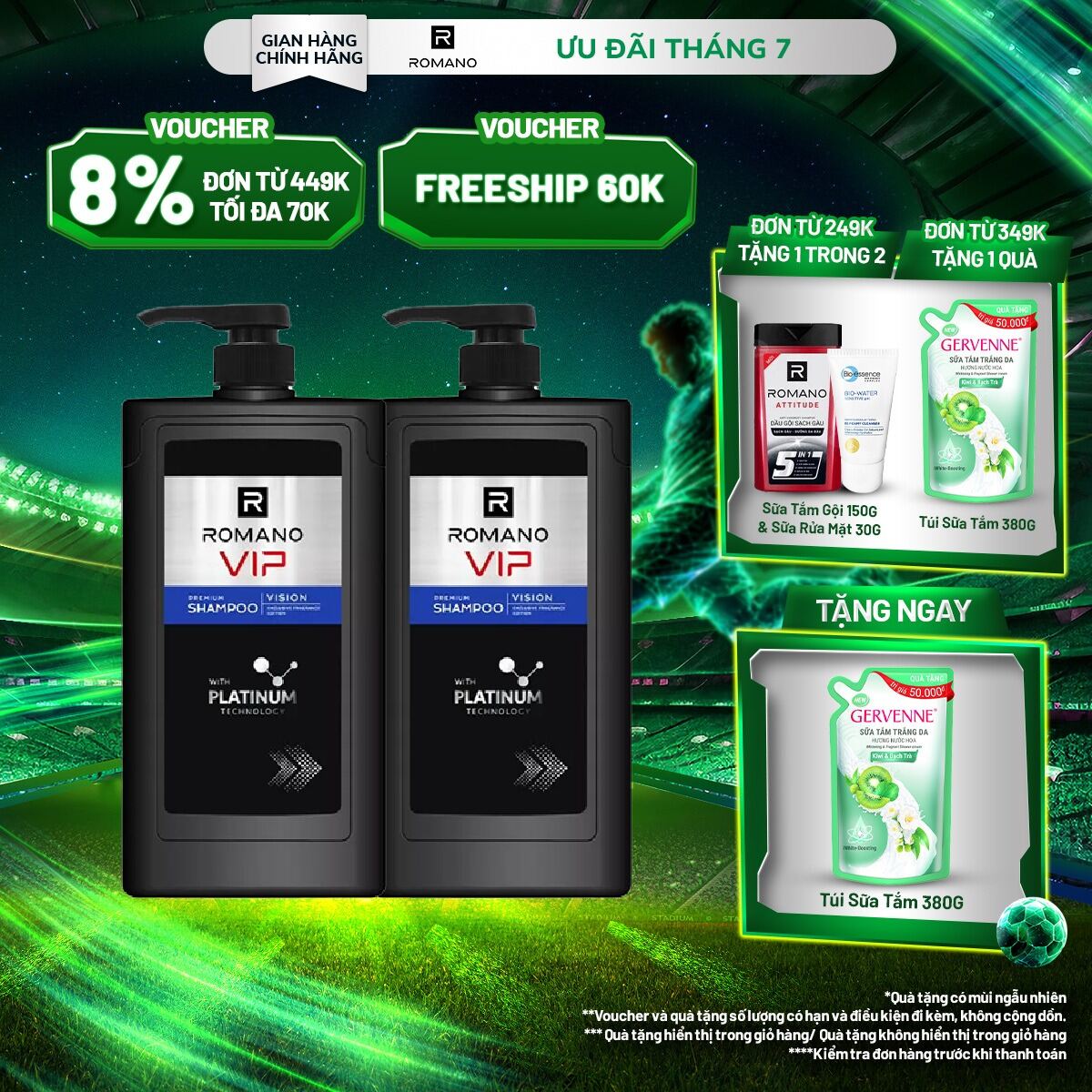 Combo 2 Dầu gội cao cấp Romano Vip sang trọng cuốn hút mạnh mẽ bí ẩn 650g
