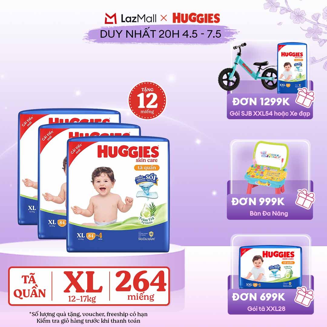 [CHỈ 20h 04-07.05 GIẢM THÊM 90K] Combo 3 Gói Tã/bỉm quần HUGGIES SKINCARE MEGA JUMBO size XL84+4 miếng