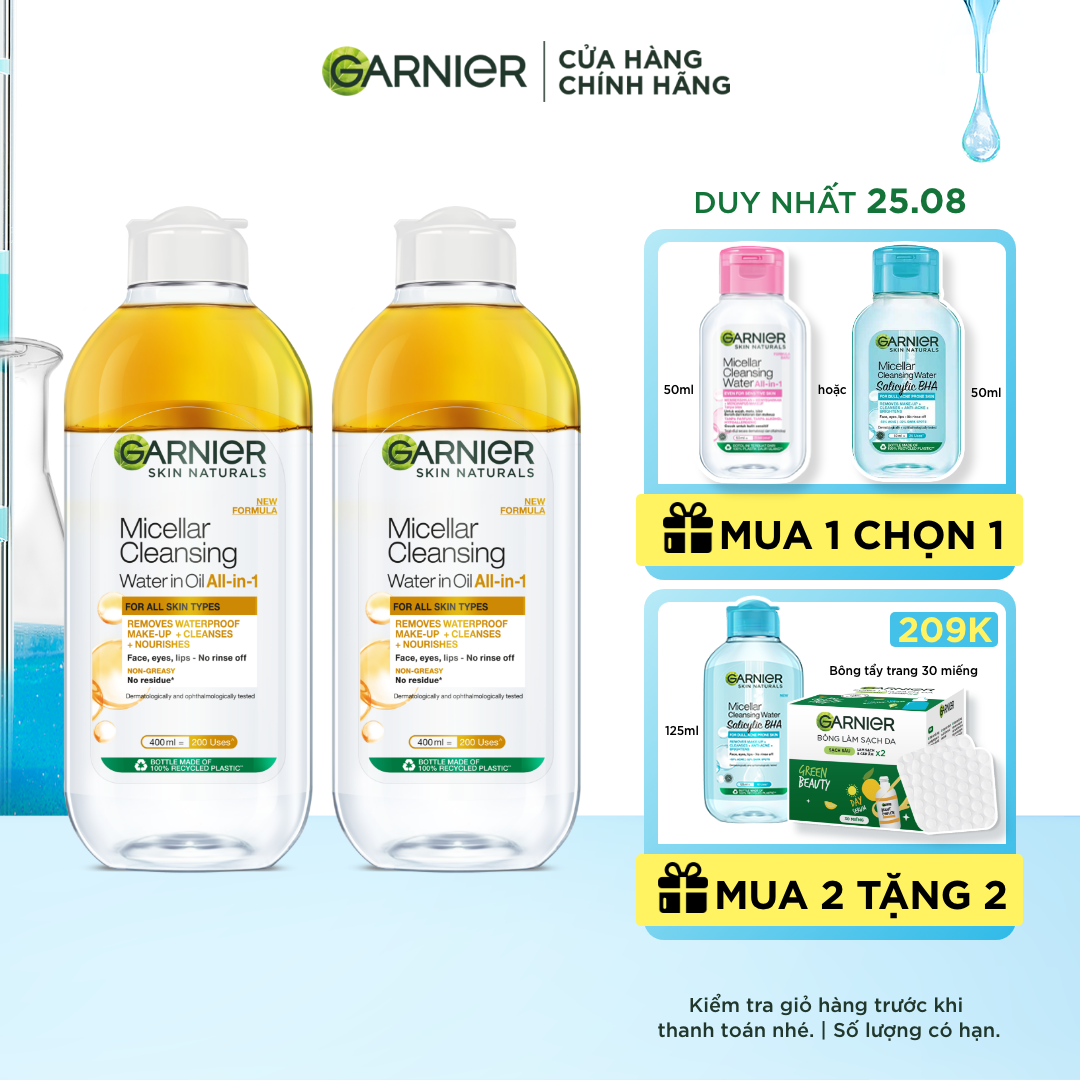 Bộ đôi nước làm sạch và tẩy trang cho da khô & trang điểm lâu trôi Garnier Micellar Water Oil-Infused 400ml