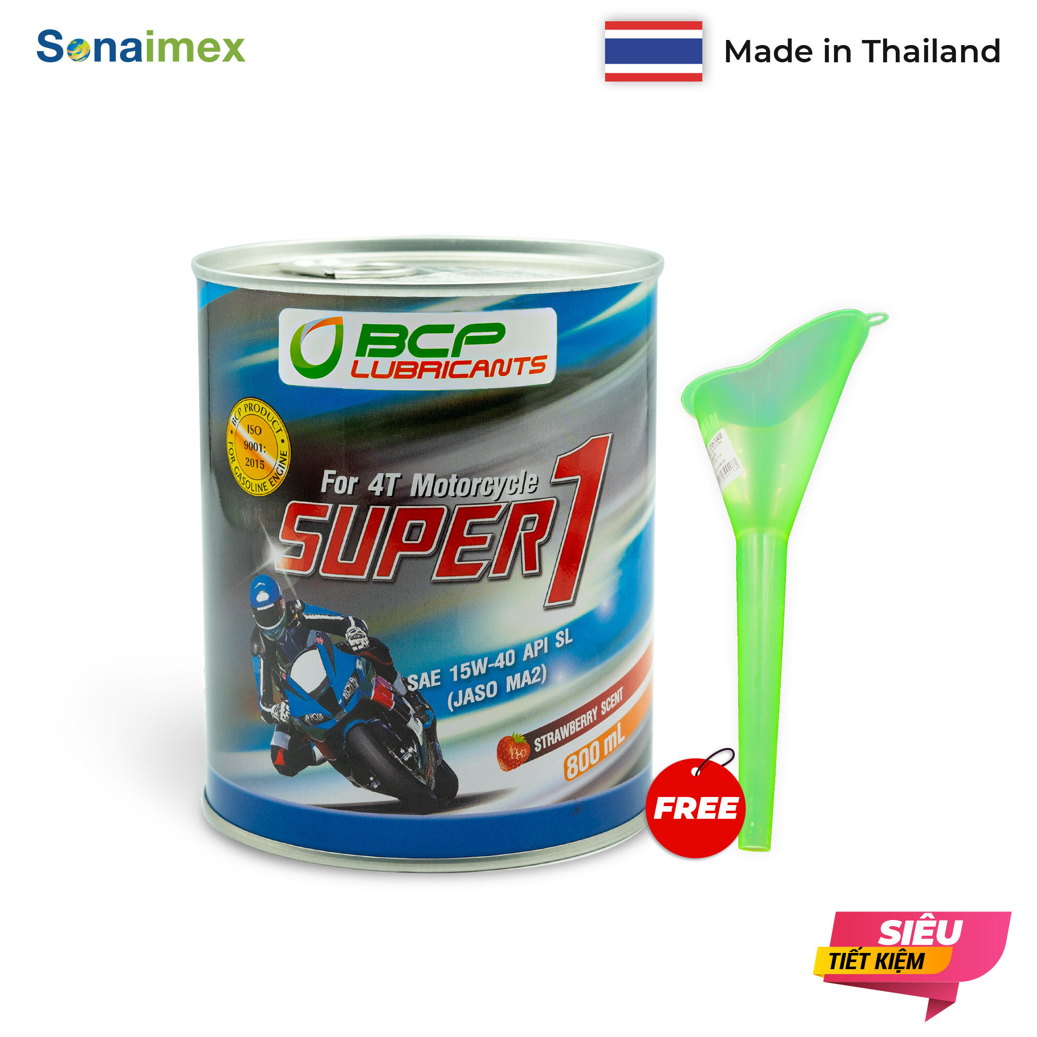 Nhớt Xe Máy Lon 0.8 Lít Thái Lan BCP SUPER 1, SAE 15W40 SL MA2 - Tặng 1 Phễu Chiết Rót Dầu Nhớt (Chạy Êm, Mát Máy, Màu Đỏ, Thơm Mùi Dâu)