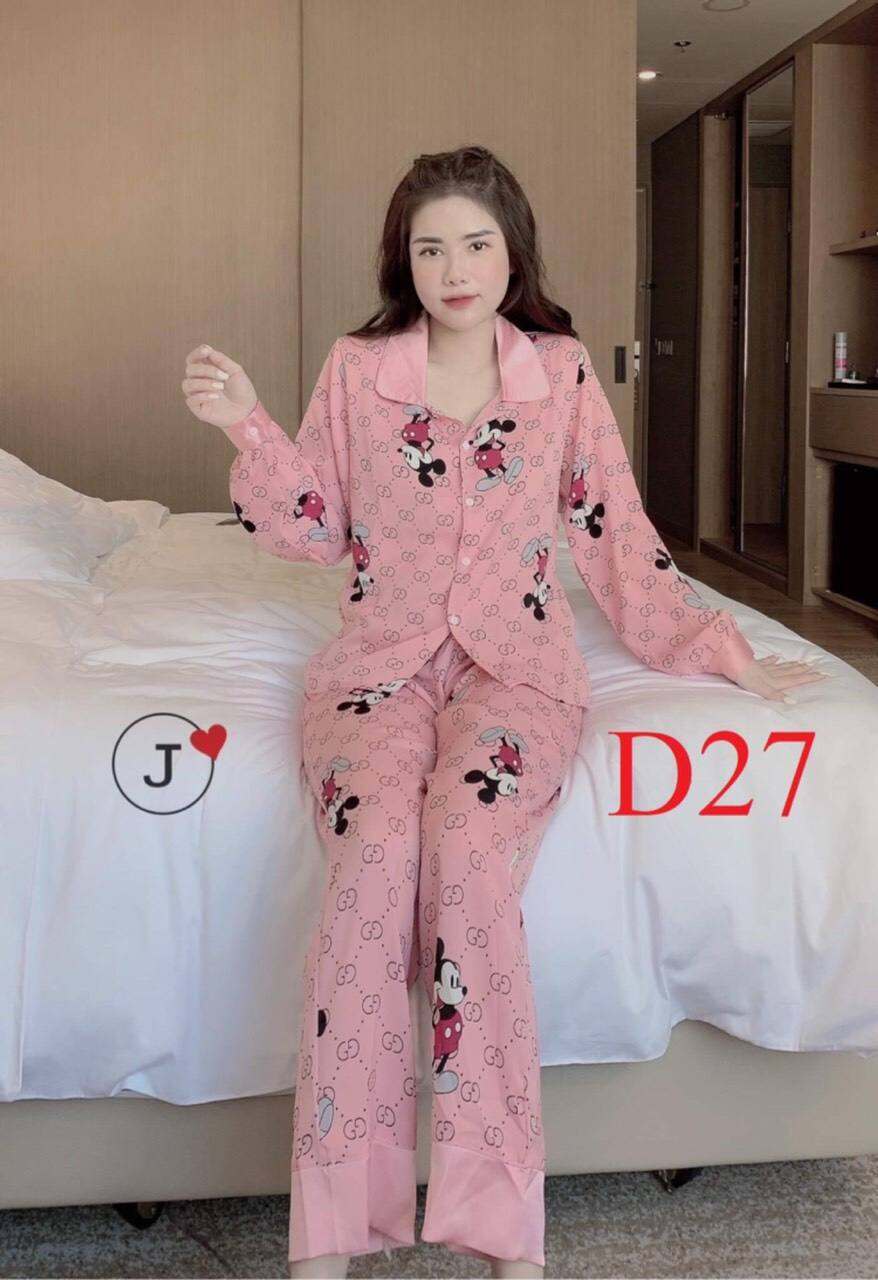 Bộ Lụa Cổ Sen Tay Dài , Đồ ngủ nữ pijama lụa mango mặc nhà dài tay lụa cao cấp dễ thương