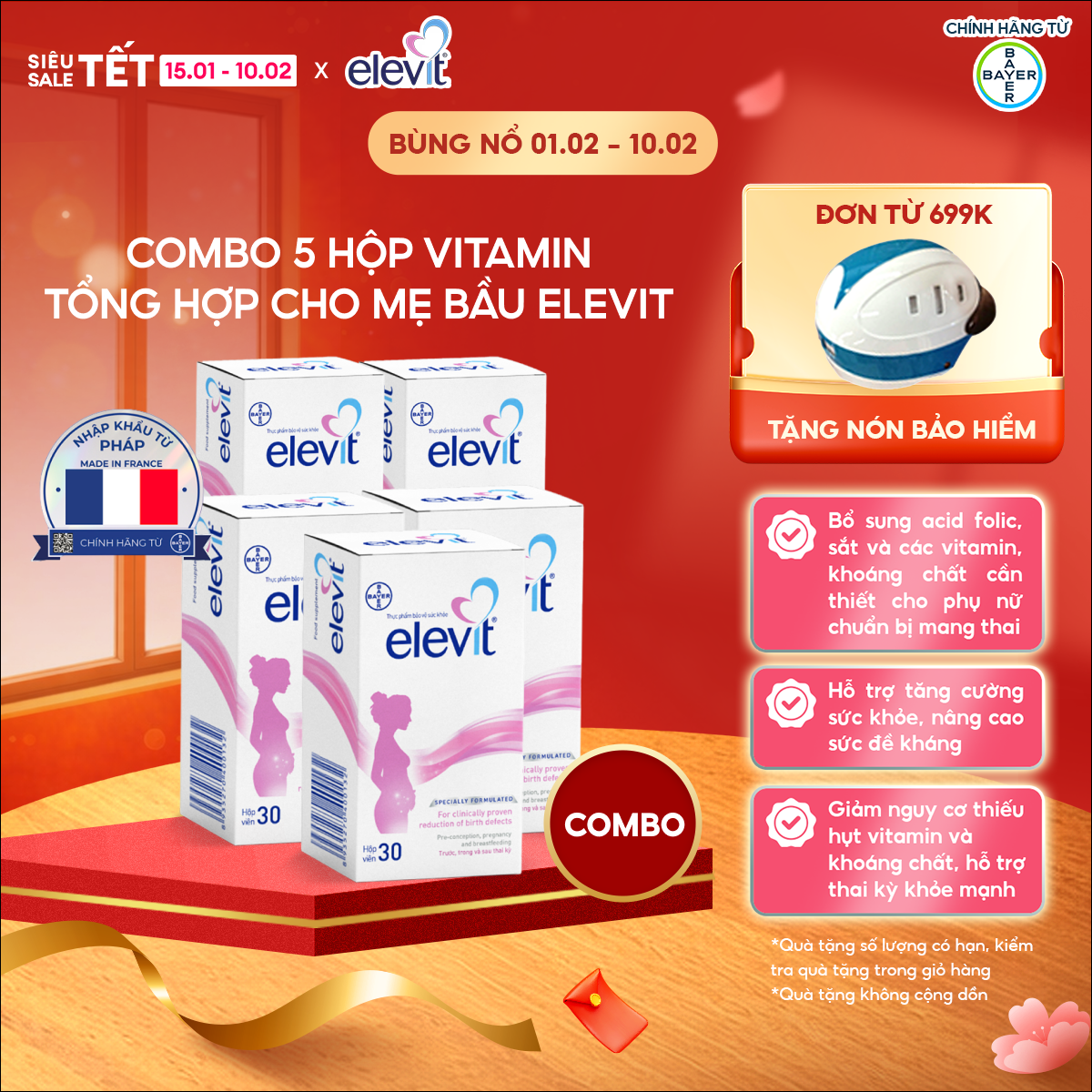 Bộ 5 Hộp Vitamin Bầu Tổng Hợp Elevit Cho Phụ Nữ Trước Trong và Sau Thai Kỳ (30 Viên/ Hộp)