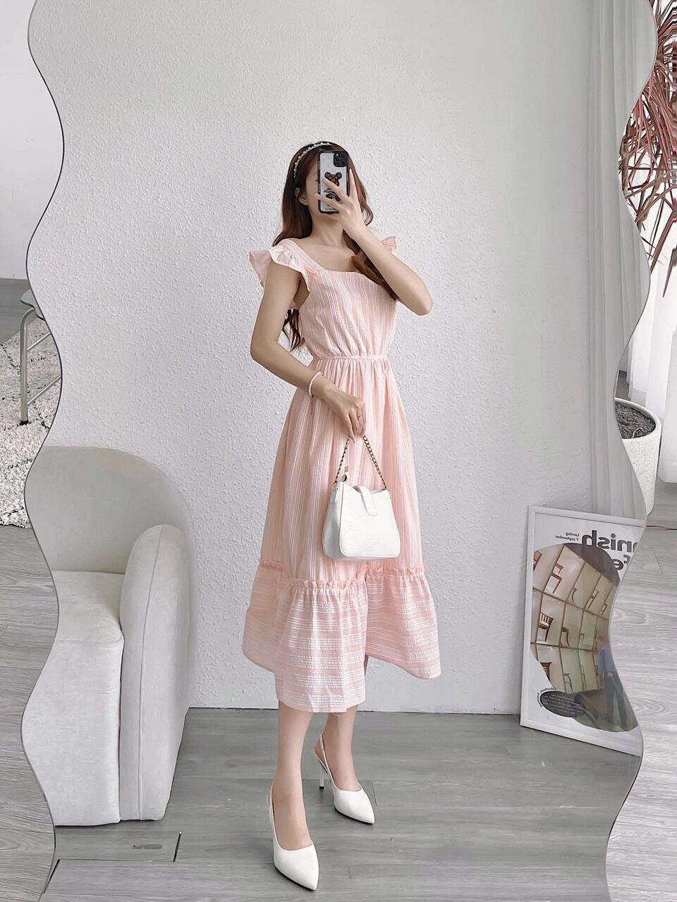Đầm midi đũi xanh cam vnxk