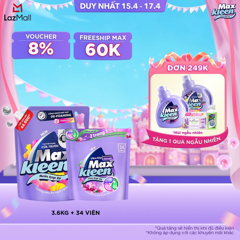 Combo Nước giặt xả cho máy giặt cửa trước hương Dấu Ấn Ngọt Ngào 3.6kg + Túi viên MaxKleen hương Huyền Diệu (34 viên/ túi)
