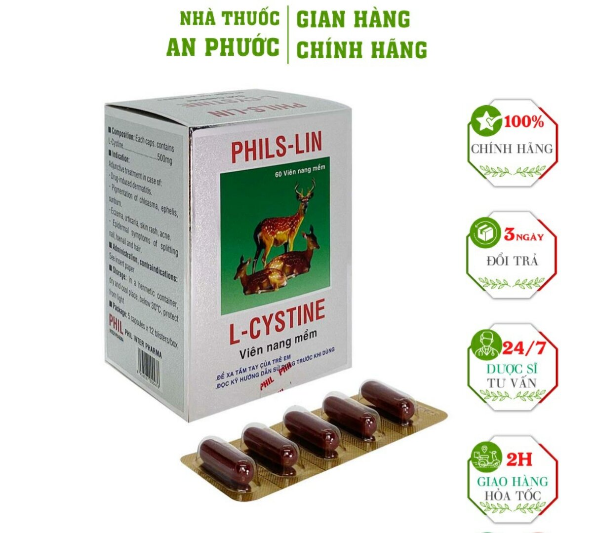 Phils lin viên uống l- cystine giúp đẹp da mượt tóc bóng móng hộp 60 viên