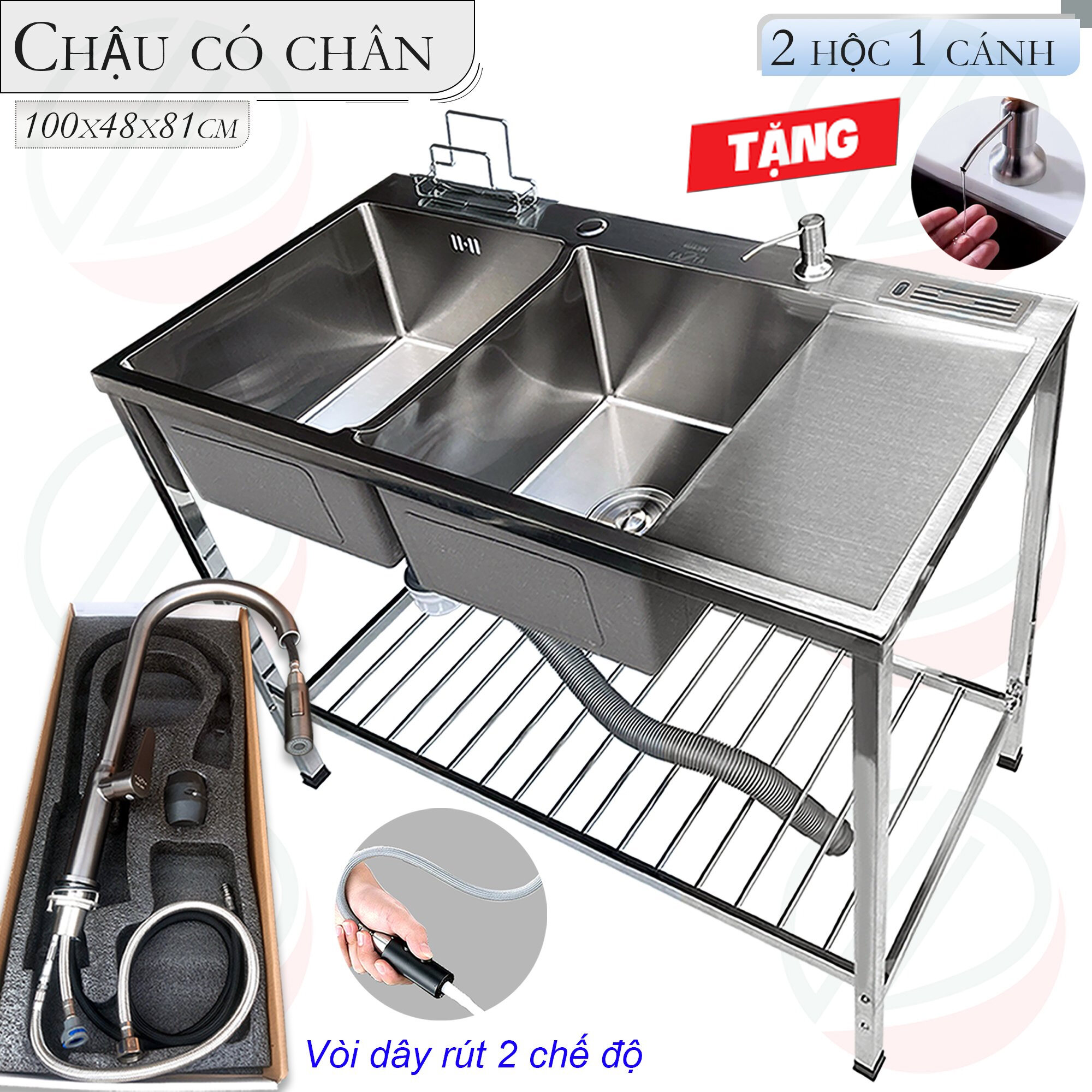 COMBO Chậu Rửa Bát Inox Có Chân Kích Thước 100x48x81cm Kiểu 2 Hộc Có Bàn C43 Và C43K - Đủ bộ gồm chậ