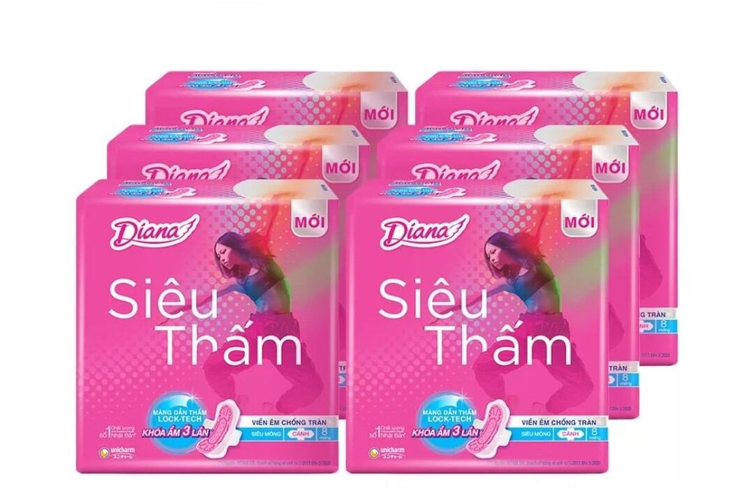 Lốc 6 gói Băng vệ sinh Diana siêu thấm siêu mỏng cánh gói 8 miếng
