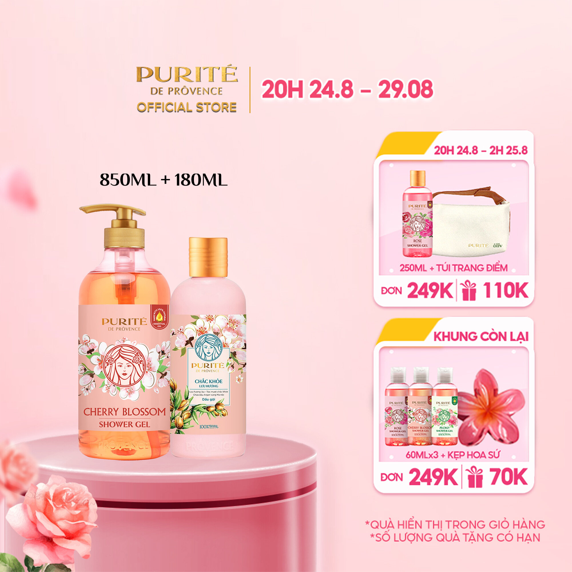Combo sữa tắm purité sáng mịn hoa anh đào 850ml + dầu gội purité chắc khỏe lưu hương hoa anh đào & argan 180ml