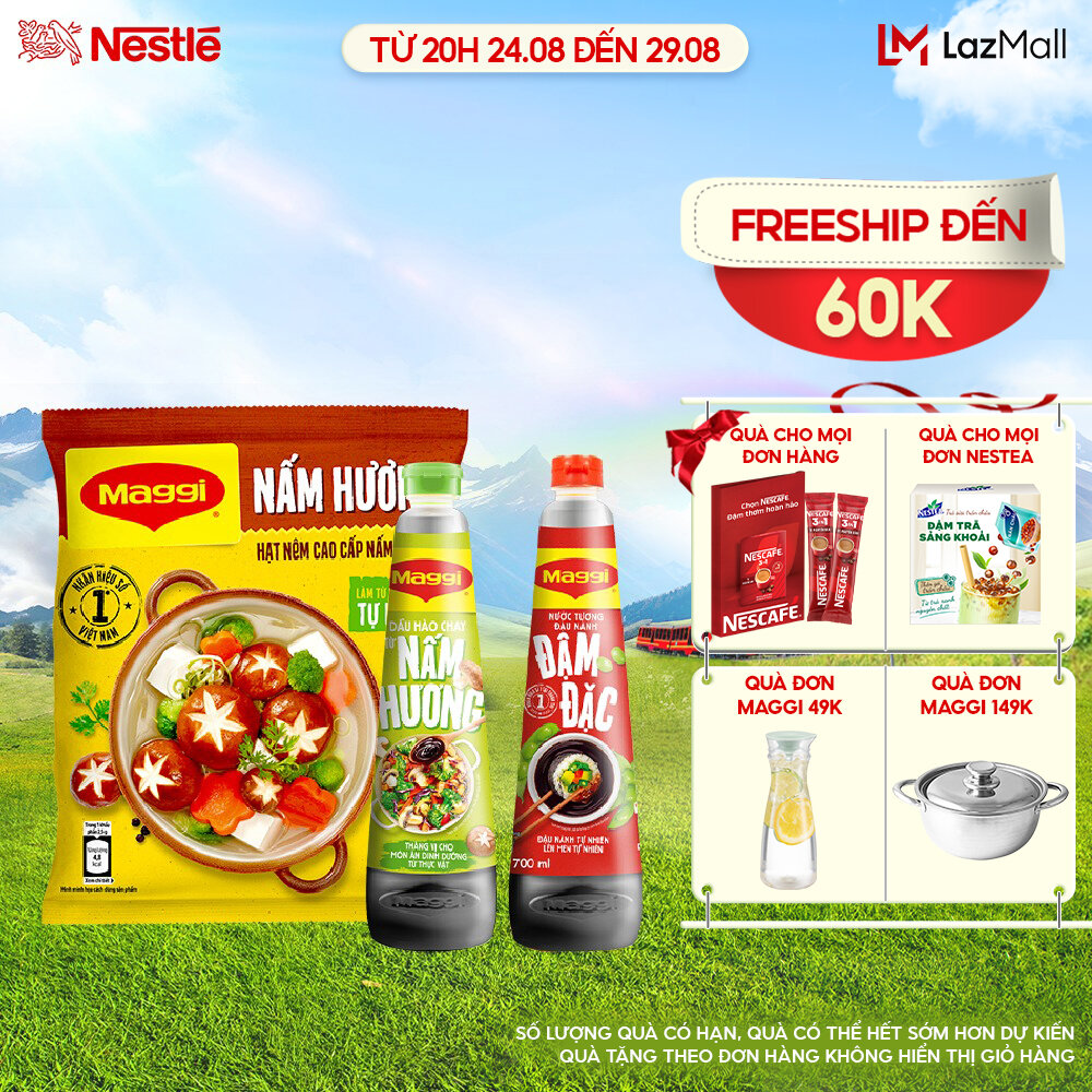 Combo chay maggi: 1 nấm hương chay 450g + 1 dầu hào nấm hương 820g + 1 nước tương đậm đặc 700ml