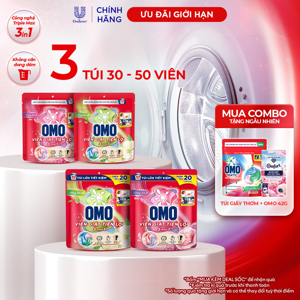 (Livestream) - Combo 3 túi viên giặt tiện lợi OMO 3 trong 1 Hương Tinh Tế/Tươi Mát 30-50 viên/túi (bao bì tùy lô nhập hàng)