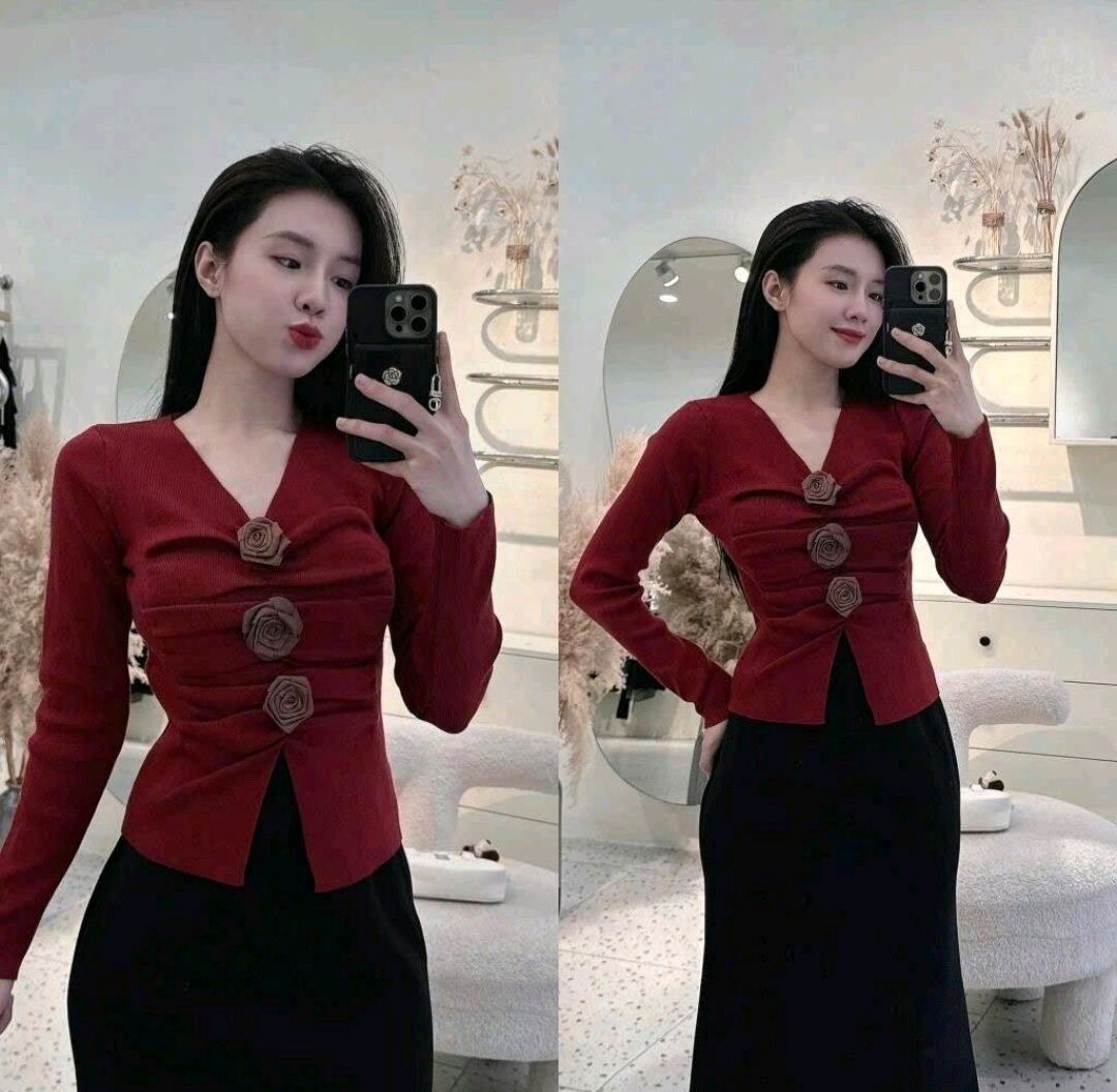 Áo Len Cổ Tim Gắn 3 Bông Hoa Trà Dài Tay Thời Trang Nữ Trẻ Trung Dưới 57kg Habis