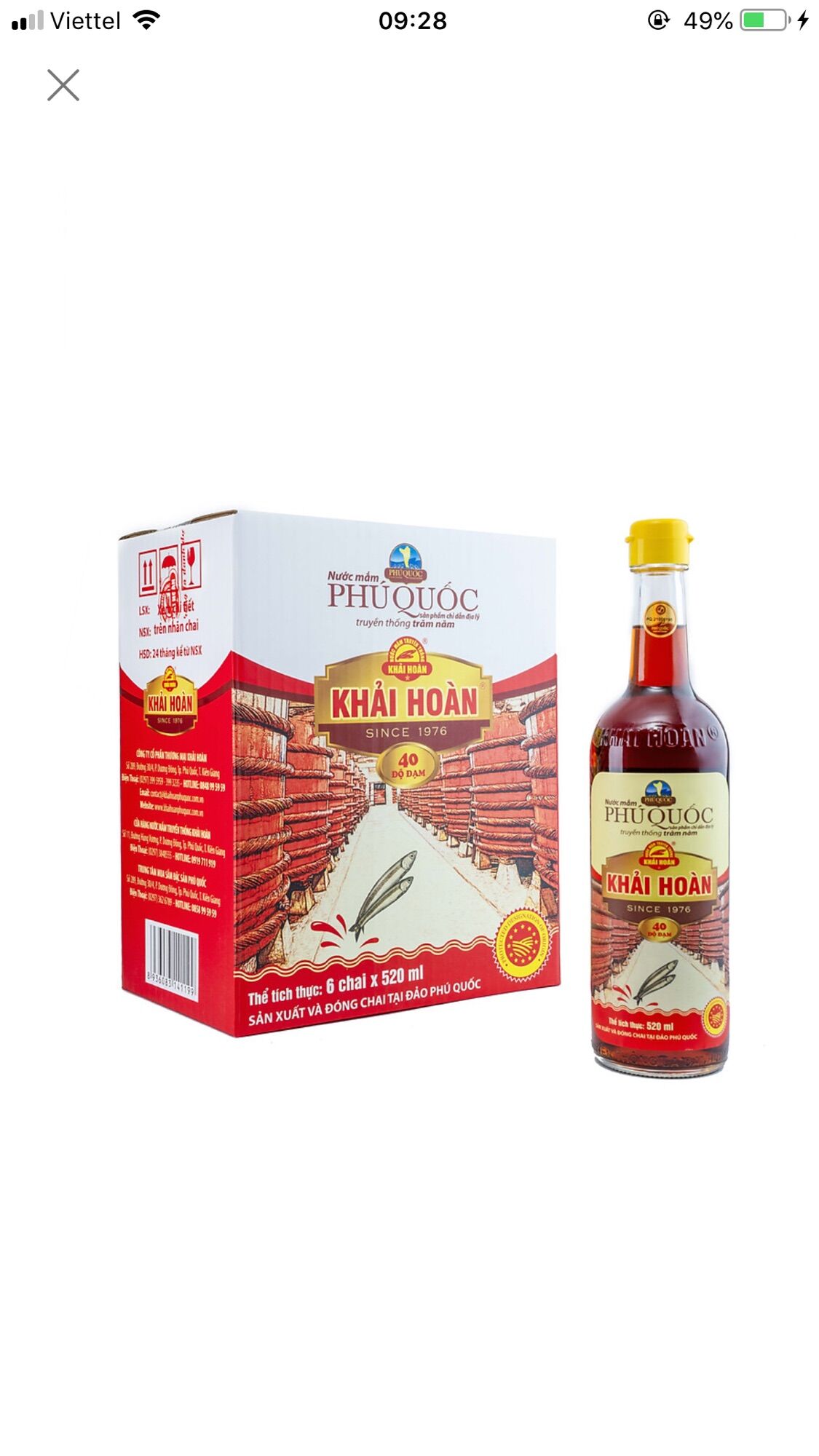 Nước mắm Phú Quốc Khải Hoàn 40 độ đạm -Thùng 6chai/520ml