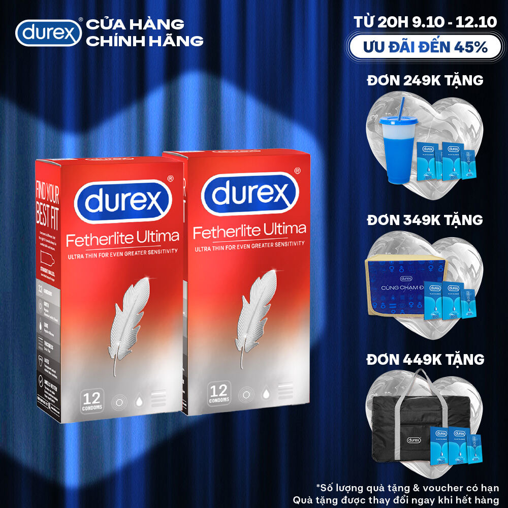 [TỪ 20H | 9-12.10 VOUCHER GIẢM THÊM 8%] Bộ 2 bao cao su Durex Fetherlite Ultima siêu mỏng, size 52mm, 12 bao/hộp