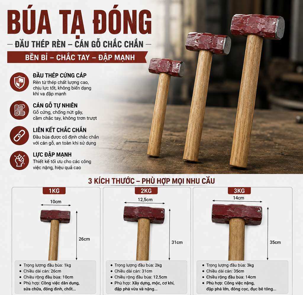 Búa tạ đóng màu đỏ 1kg 2kg 3kg