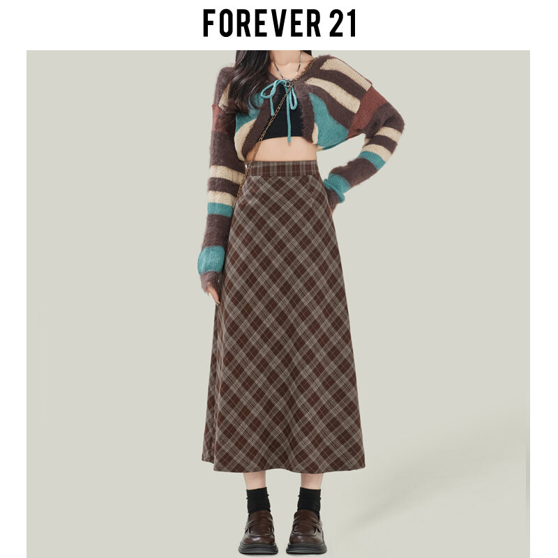 Forever21 Retro Màu Đen Kẻ Caro Cao Vòng Eo Nữ Mini Váy Dáng Chữ A Thân Bọc Kẻ Caro Chân Váy Midi Xu