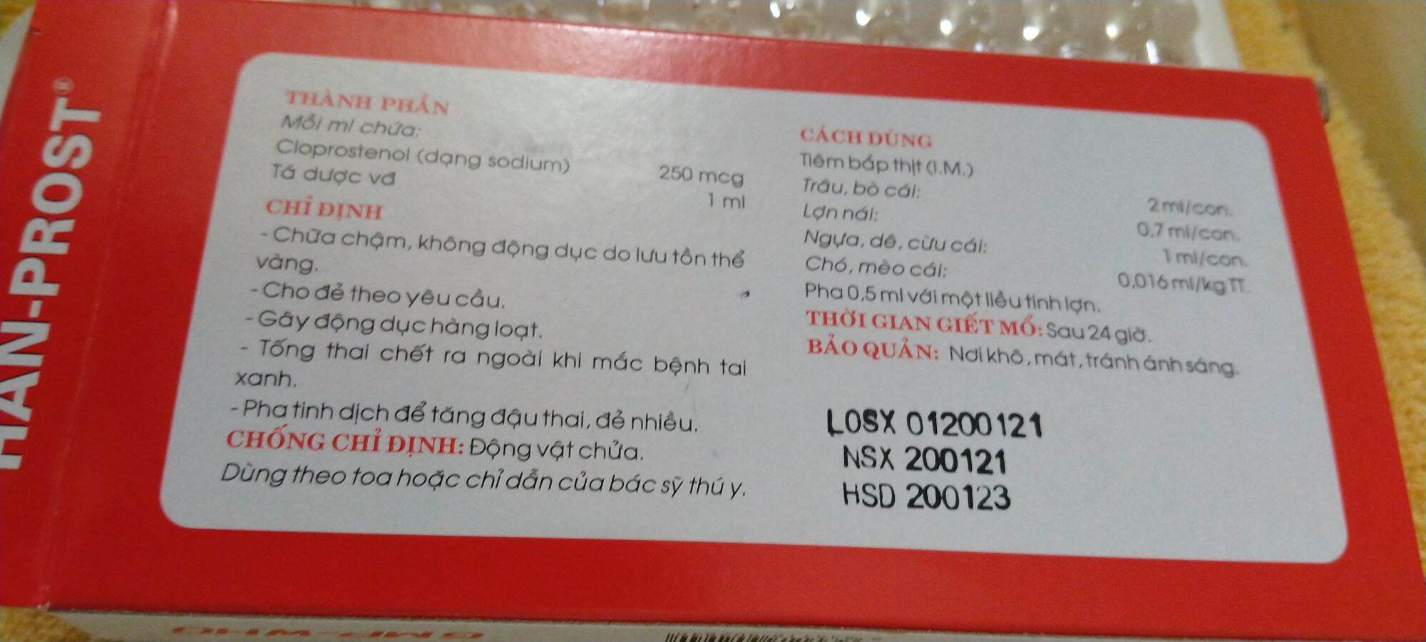 tan thể vàng,đẻ sớm, động dục hanprost 2ml x 10 ống