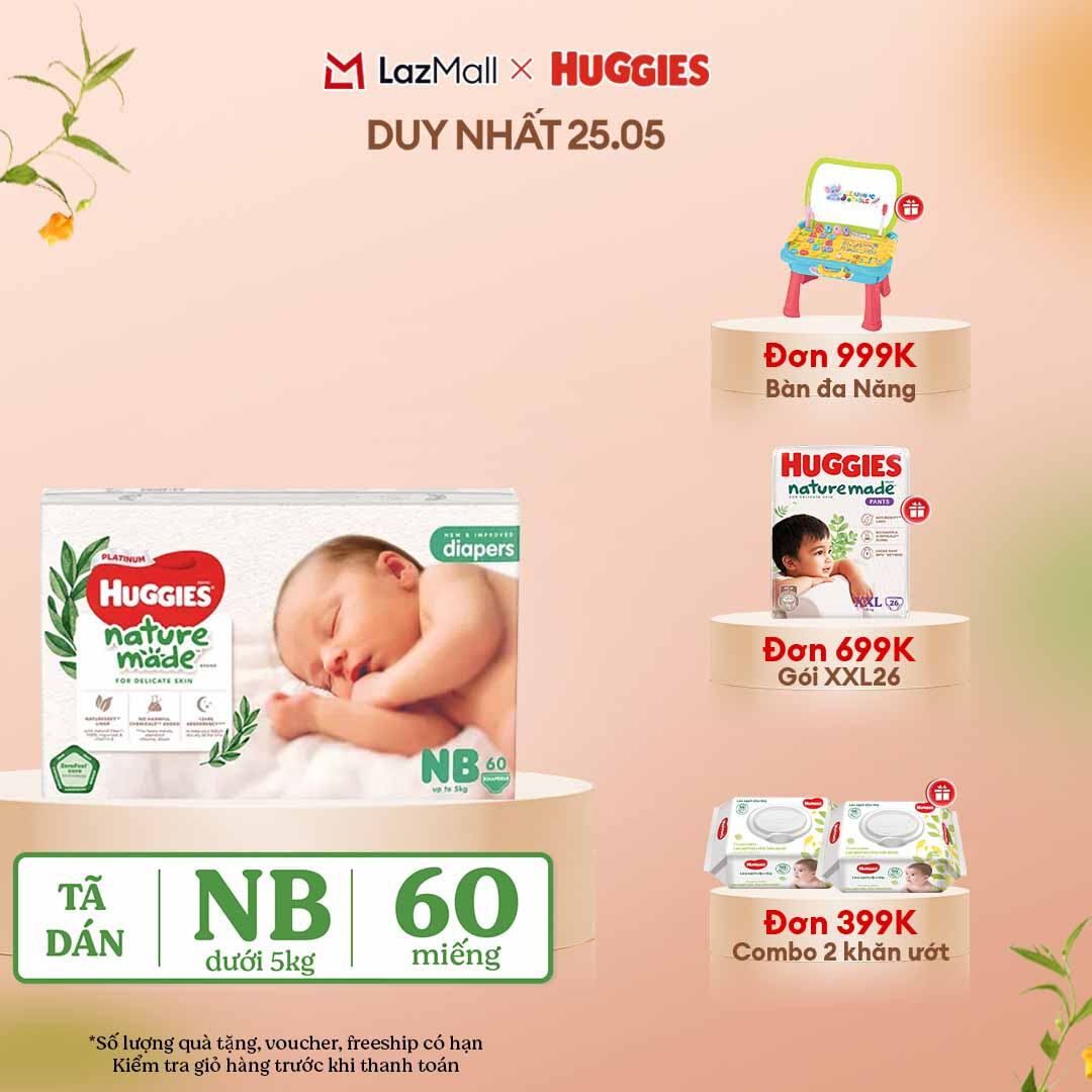 [CHỈ 25-29.05 QUÀ TẶNG ĐƠN 399K](Mua 1 tặng 1)  Tã/Bỉm dán sơ sinh Huggies Platinum NatureMade NB60 (dưới 5kg)-Gói Jumbo 60 miếng