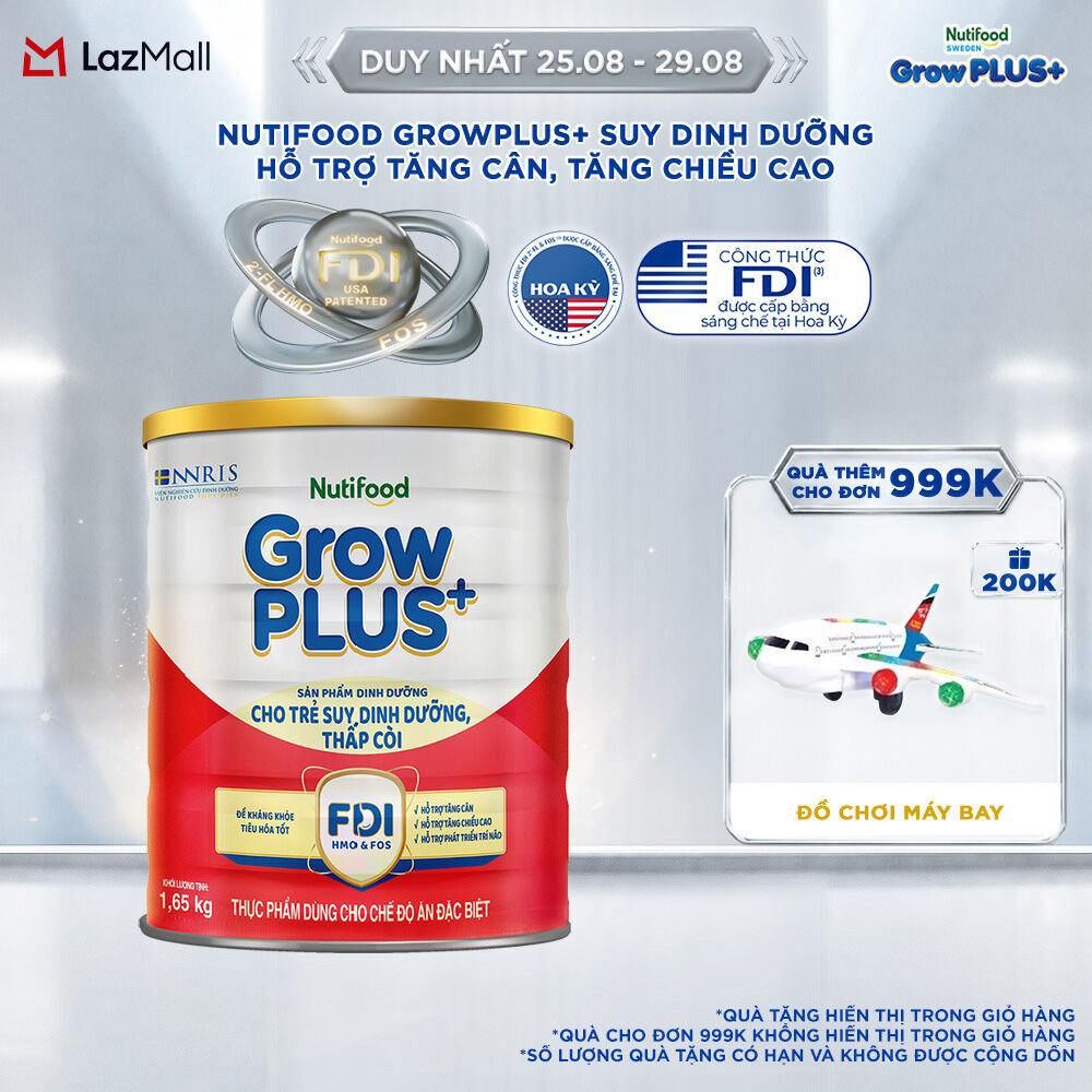 Sữa bột Nutifood GrowPLUS+ Suy Dinh Dưỡng (Đỏ)  - Hỗ Trợ Tăng Cân, Tăng Chiều Cao (Lon 1,65 Kg)