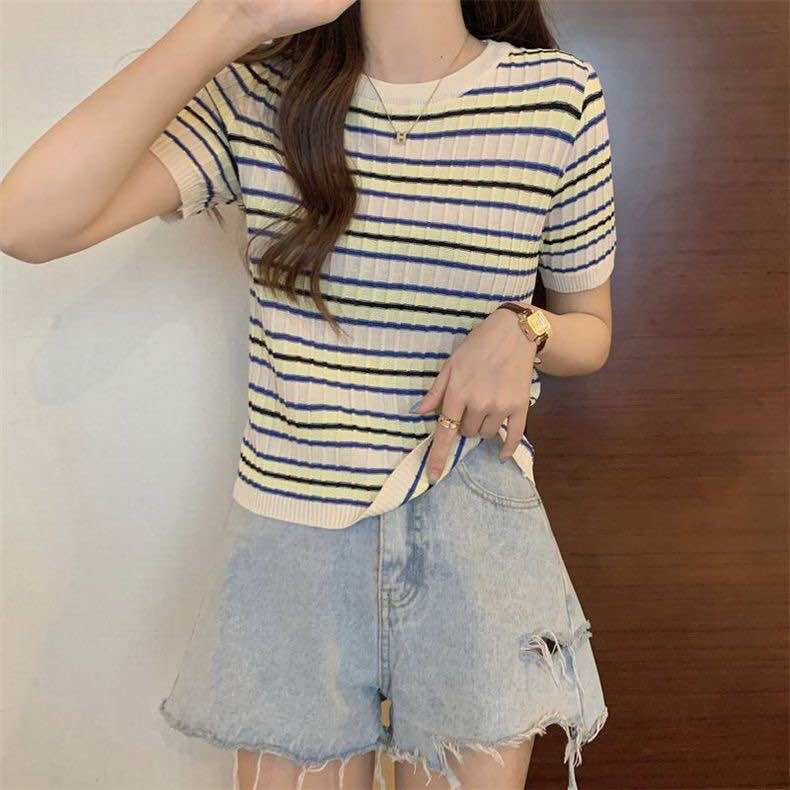 Áo thun dệt kim nữ tay ngắn kiểu kẻ ngang cổ tròn len mongtoghi dáng croptop ôm body hàng Quảng Châu