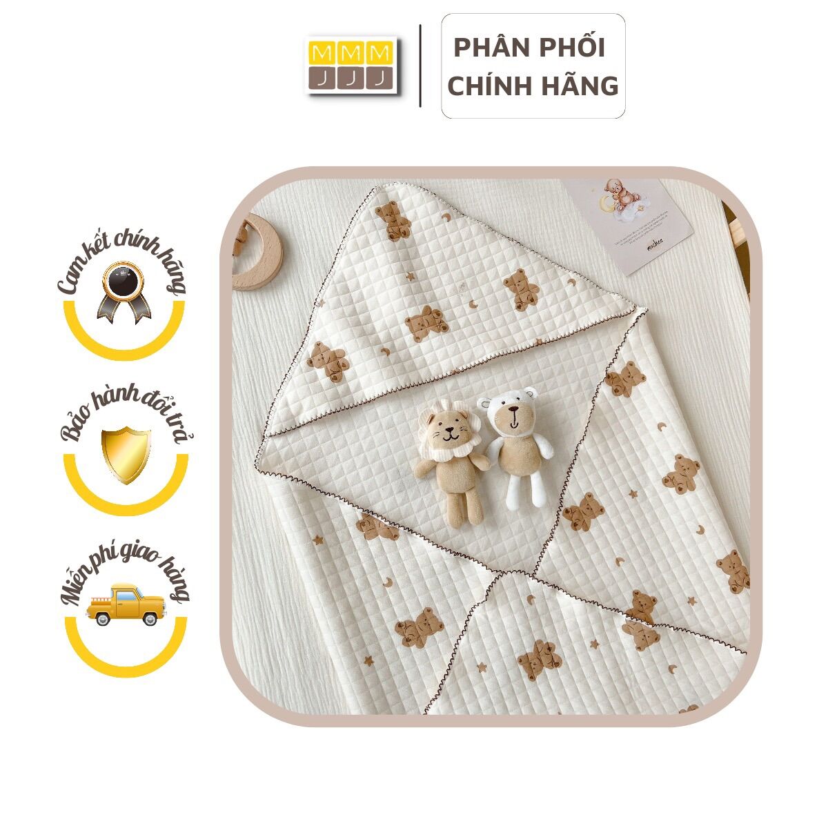 Chăn ủ xô có mũ có đai vải Muslin hàng cao cấp Mochee KT 90x90cm