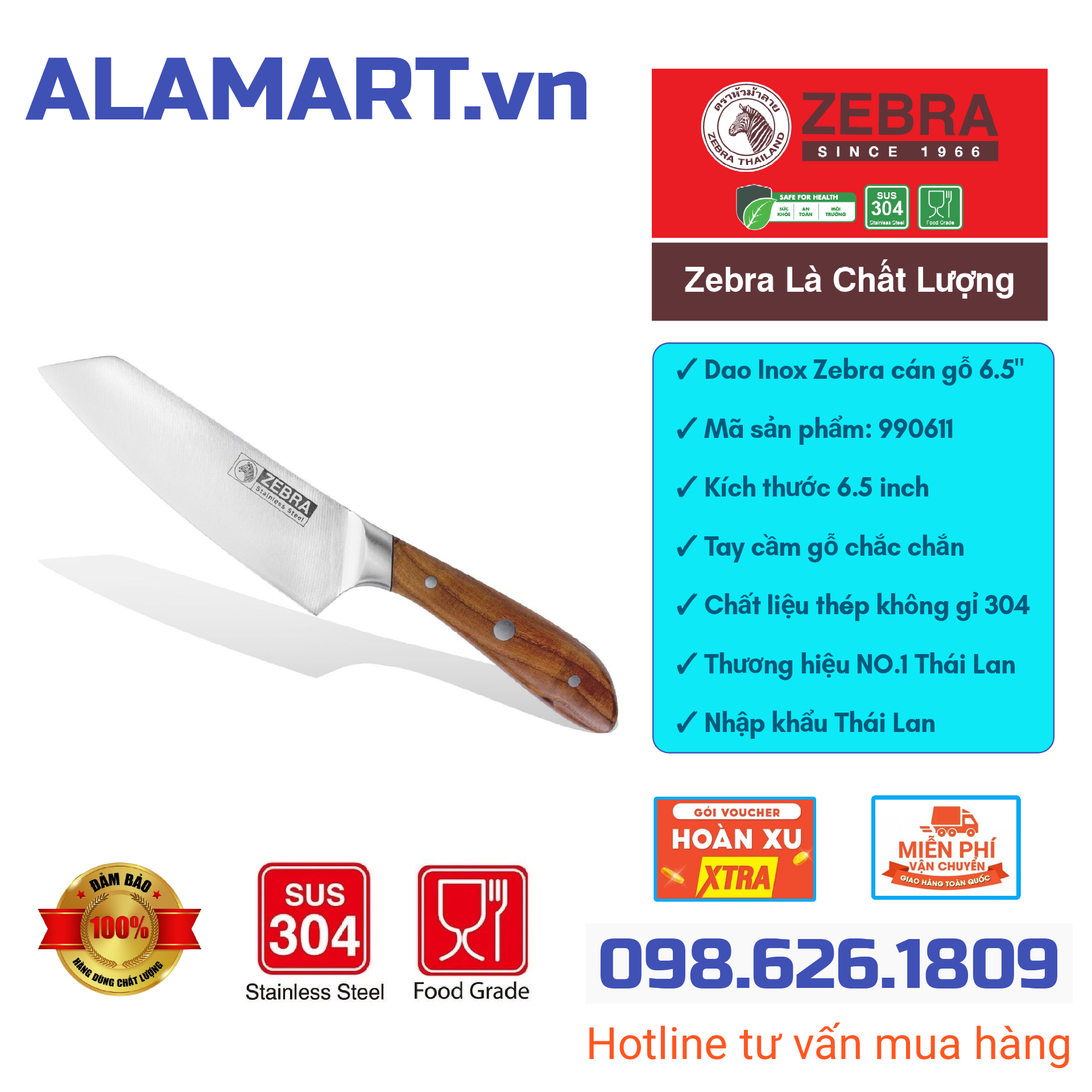 Dao inox zebra browny japanese cleaver cán gỗ 6.5" - 990611