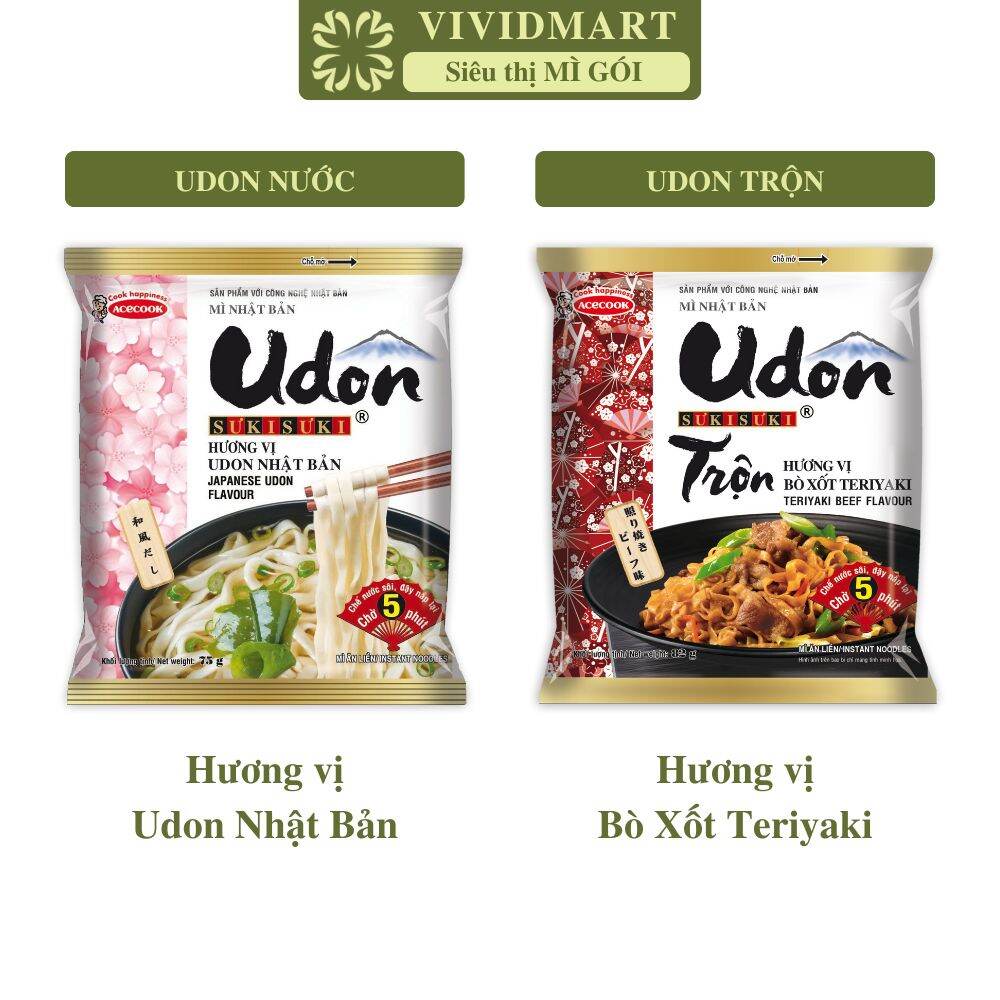 [GÓI LẺ] - ACECOOK - Mì Udon Sưkisưki 2 vị: hương vị Nhật Bản và Udon trộn vị bò xốt Teriyaki (75-82