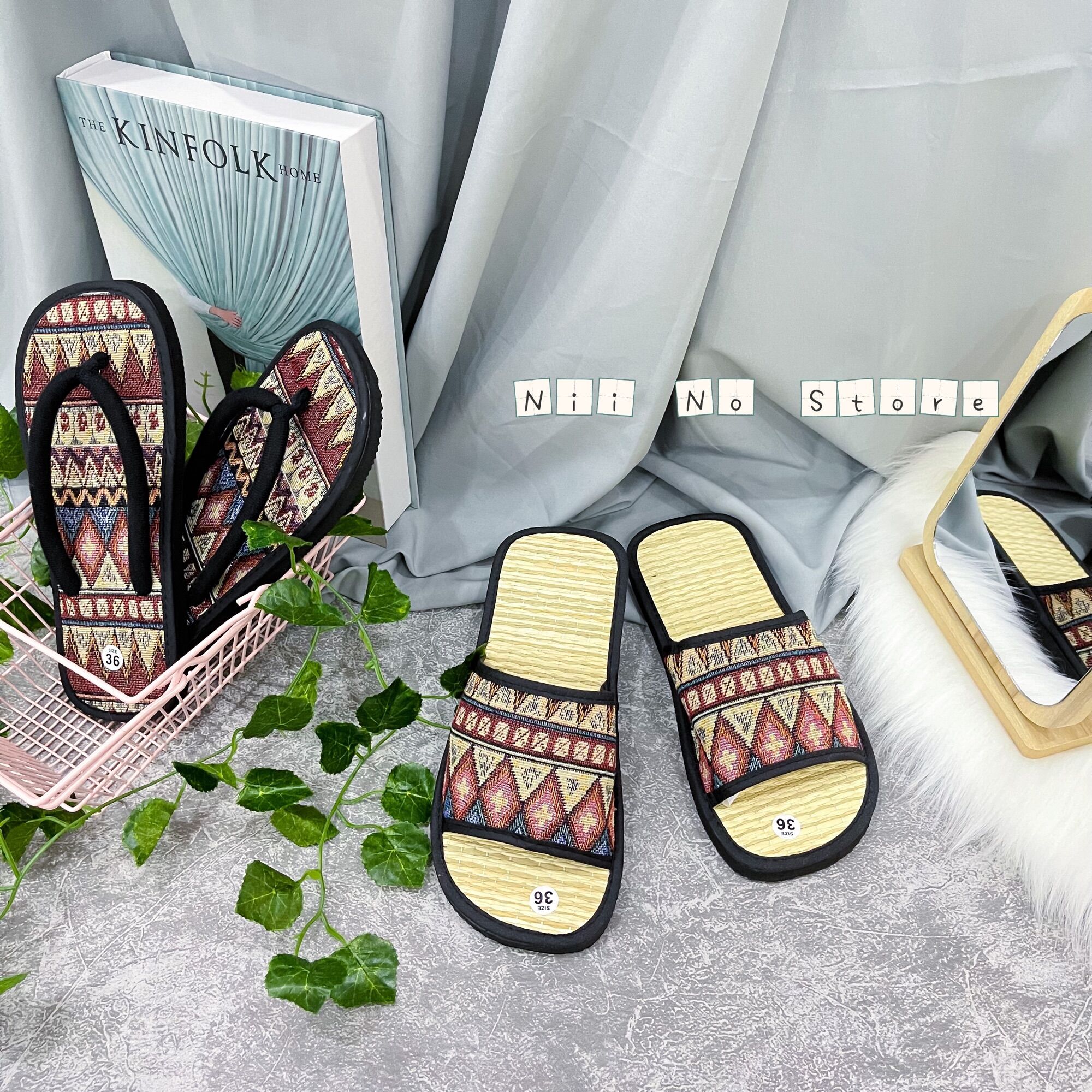 [ND017] Dép chiếu cói thổ cẩm đỏ quai ngang