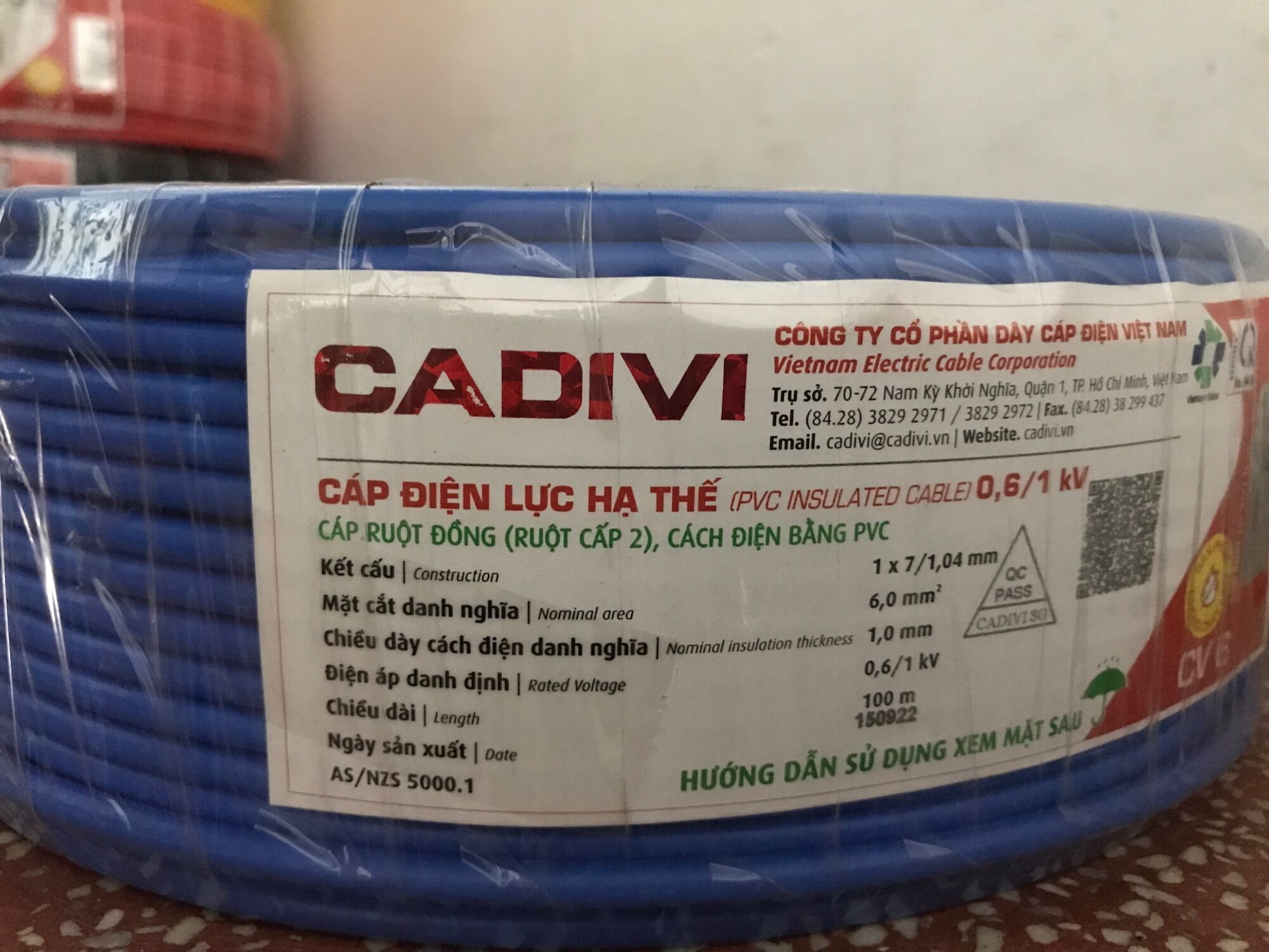 Dây điện Cadivi 6.0 đơn 7 sợi (cuộn 100 mét)